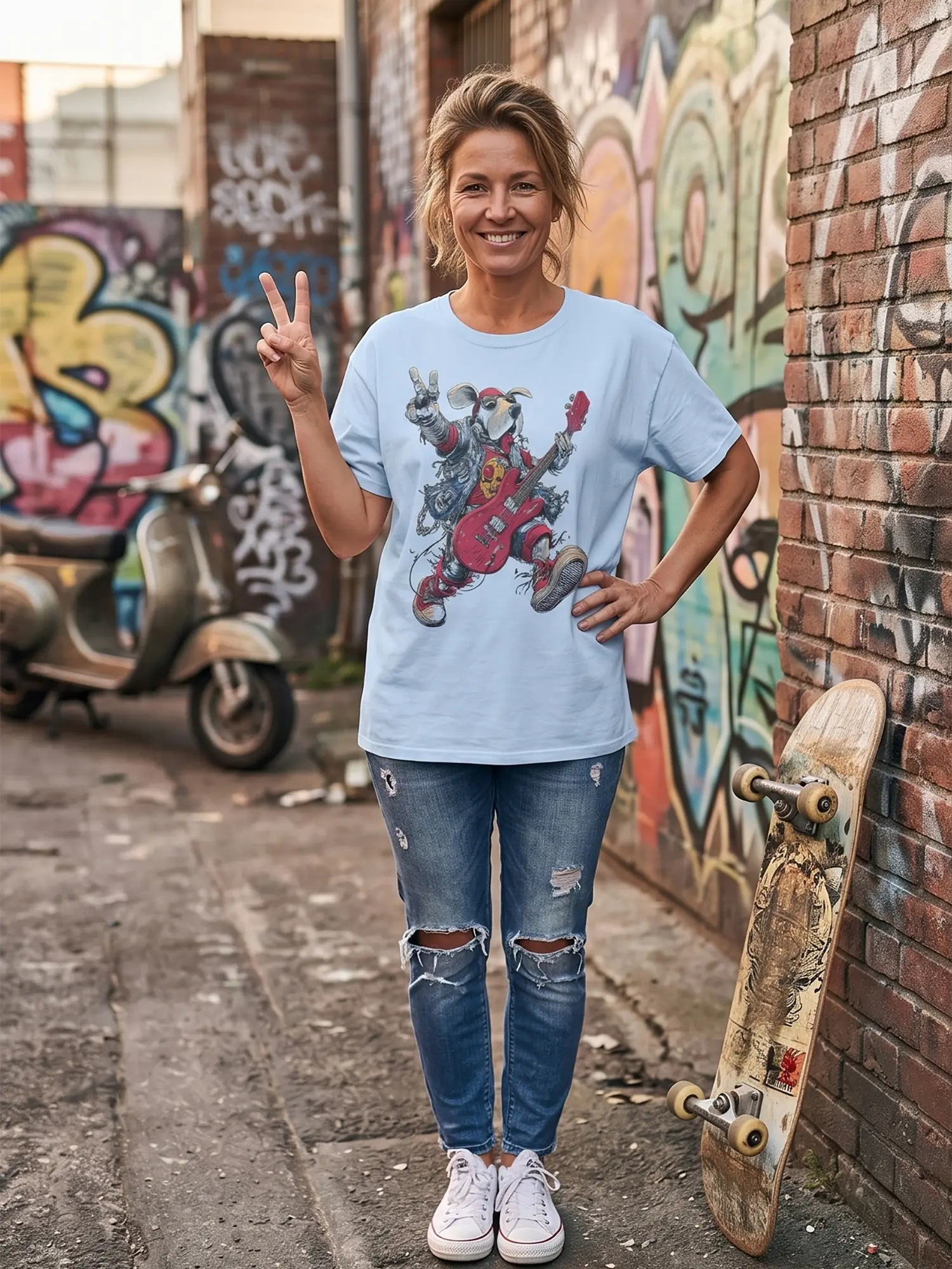Woman wearing the Rock Pup Dog T-shirt in a relaxed pose