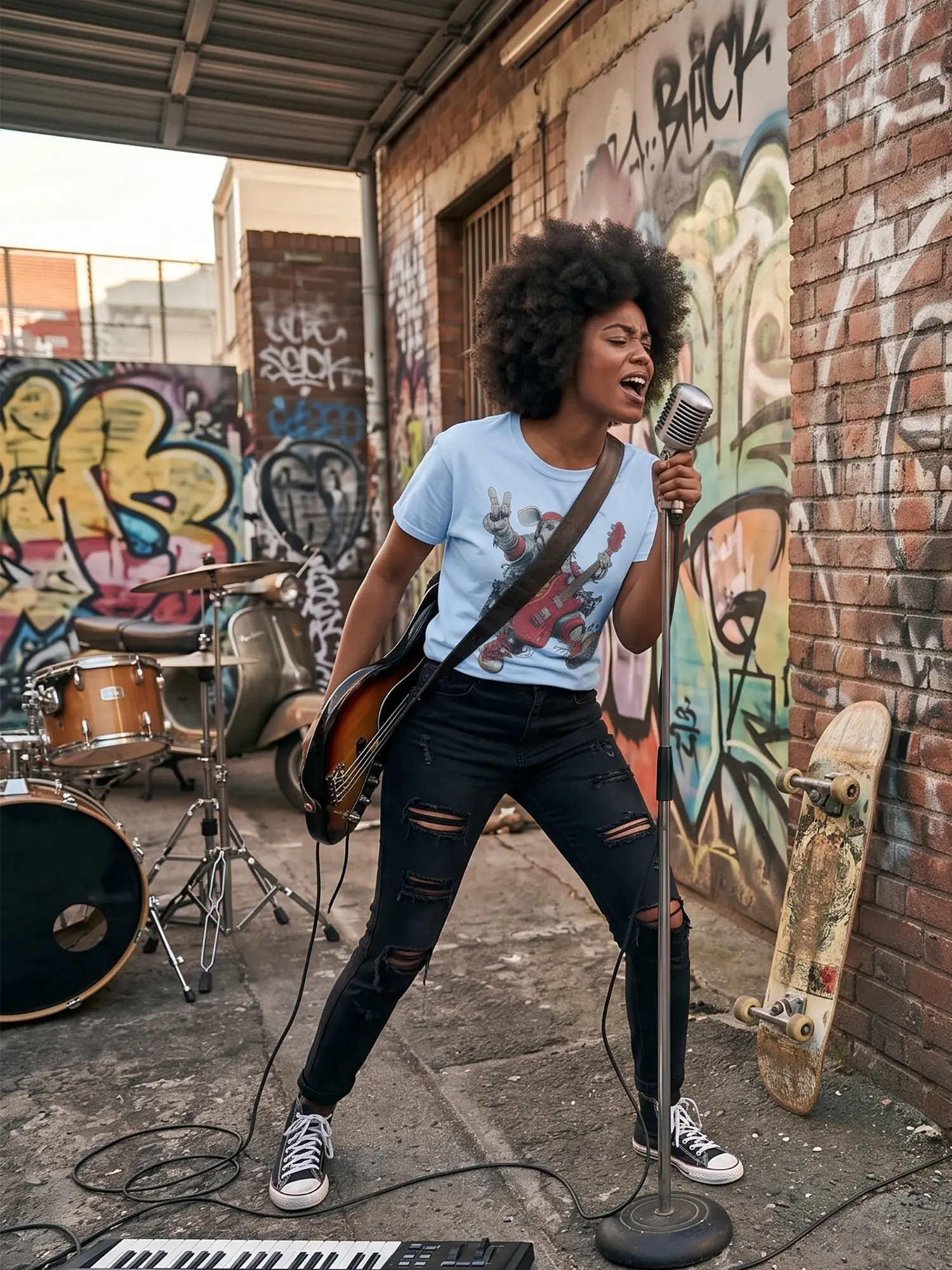 Woman wearing the Rock Pup Dog T-shirt in a dynamic pose