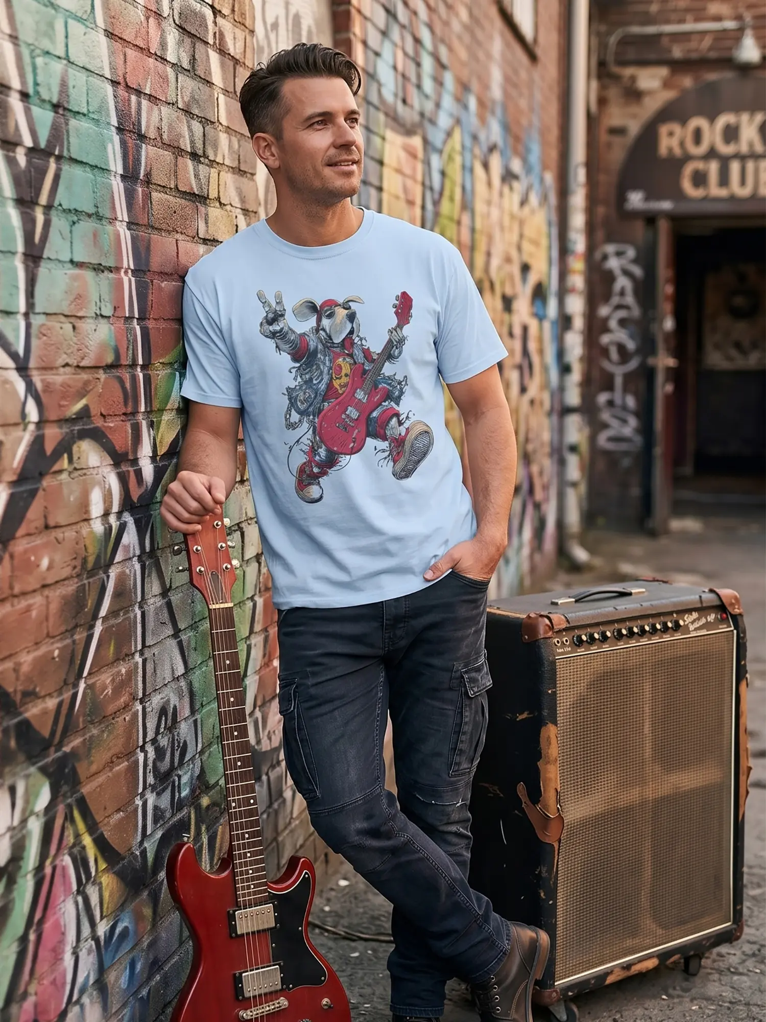 Man wearing the Rock Pup Dog T-shirt in a relaxed pose
