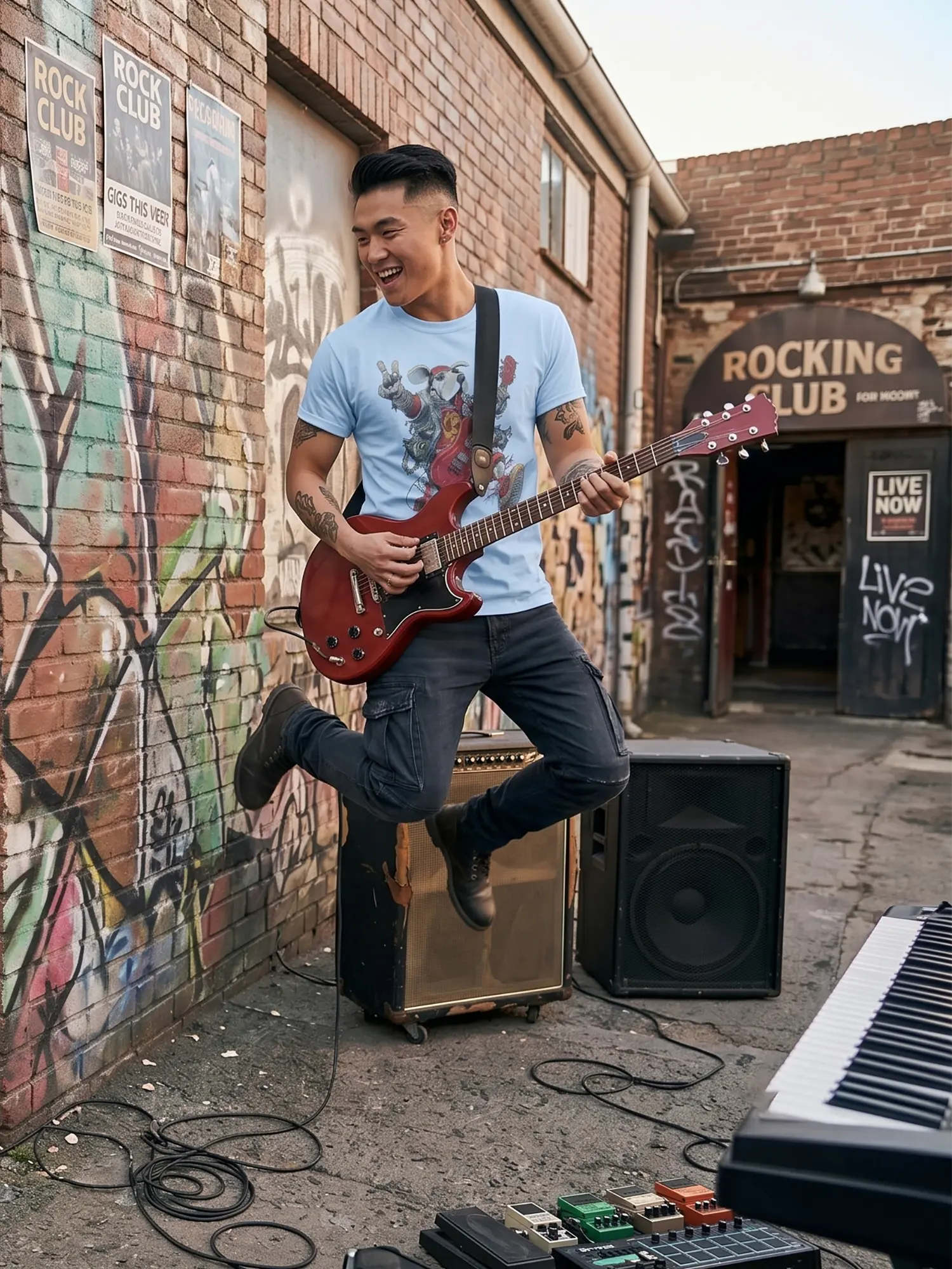 Man wearing the Rock Pup Dog T-shirt in a dynamic pose