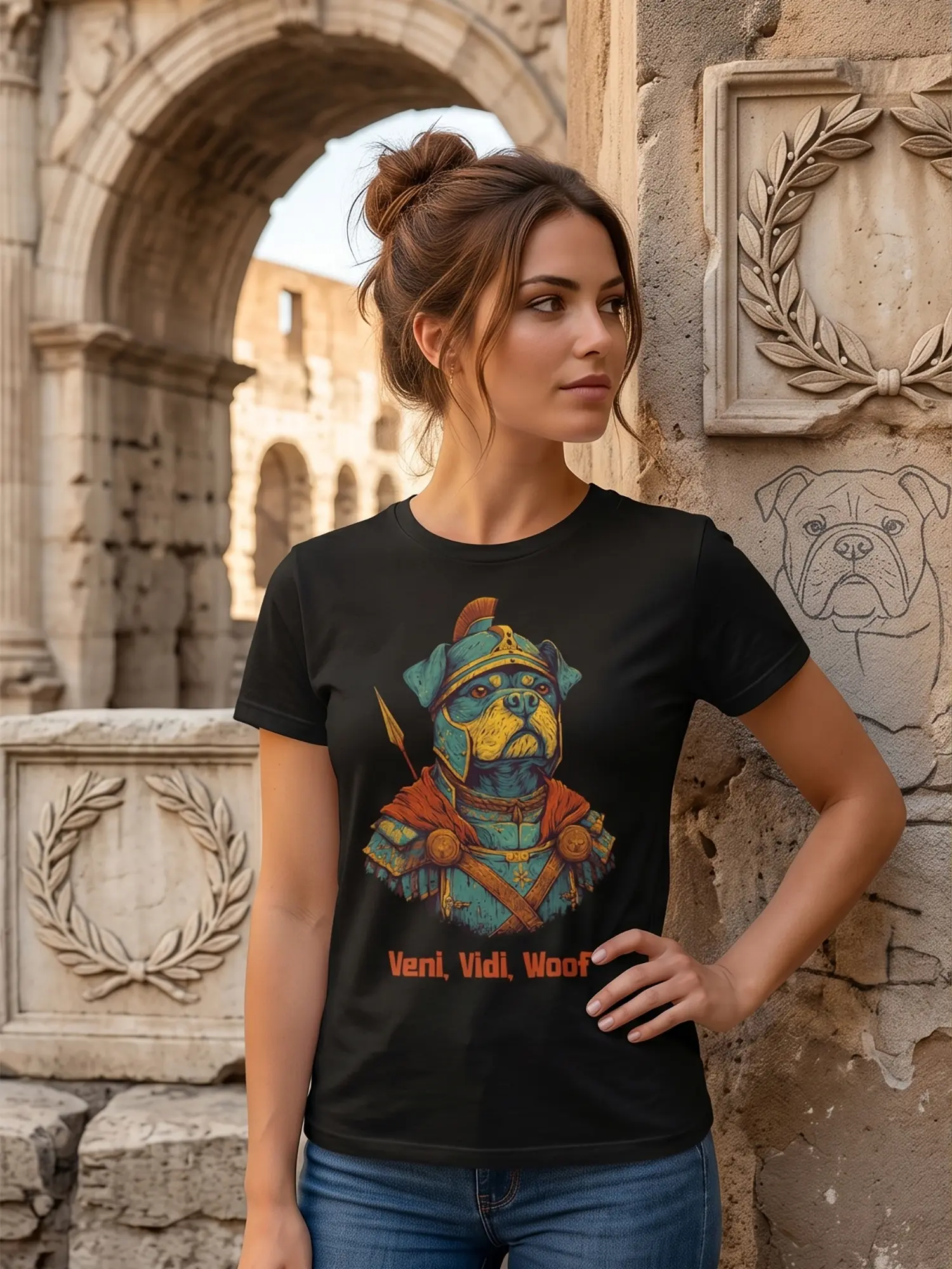 Woman wearing the Veni Vidi Woof Dog Warrior T-shirt in a relaxed pose