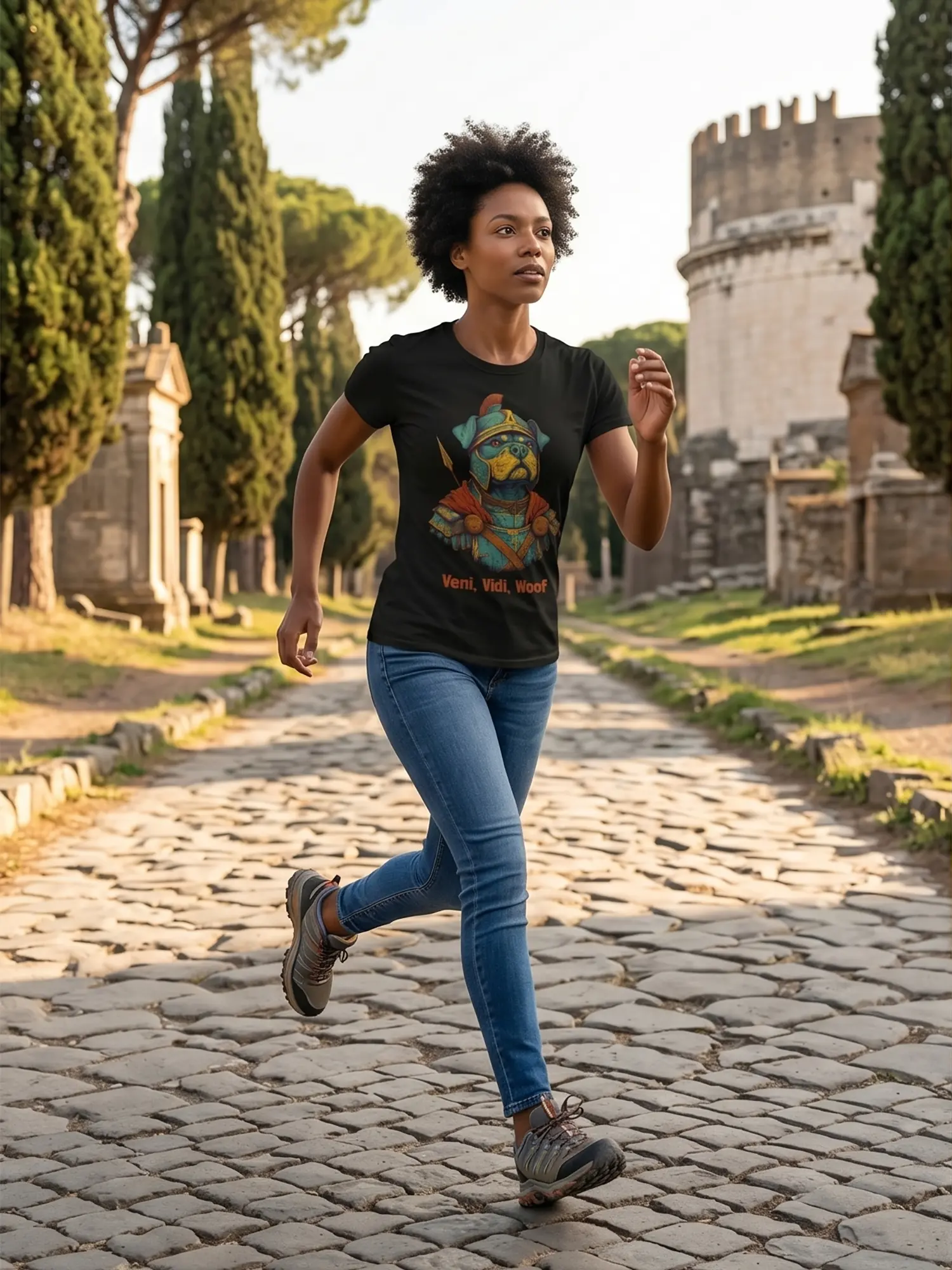 Woman wearing the Veni Vidi Woof Dog Warrior T-shirt in a dynamic pose