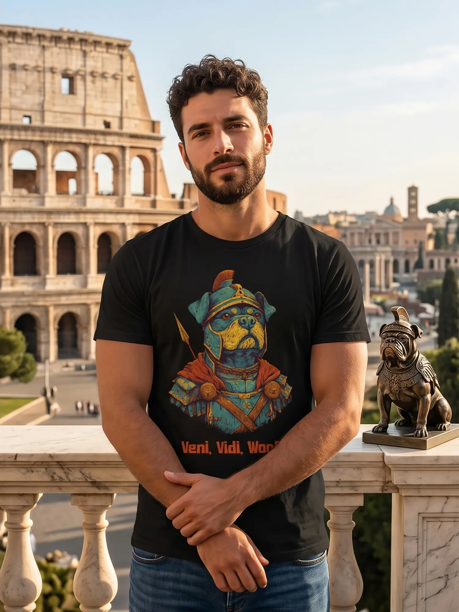 Man wearing the Veni Vidi Woof Dog Warrior T-shirt in a relaxed pose