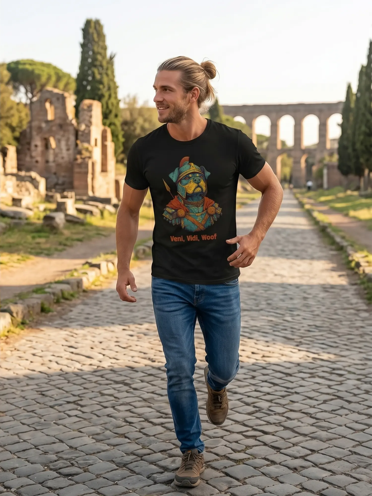 Man wearing the Veni Vidi Woof Dog Warrior T-shirt in a dynamic pose