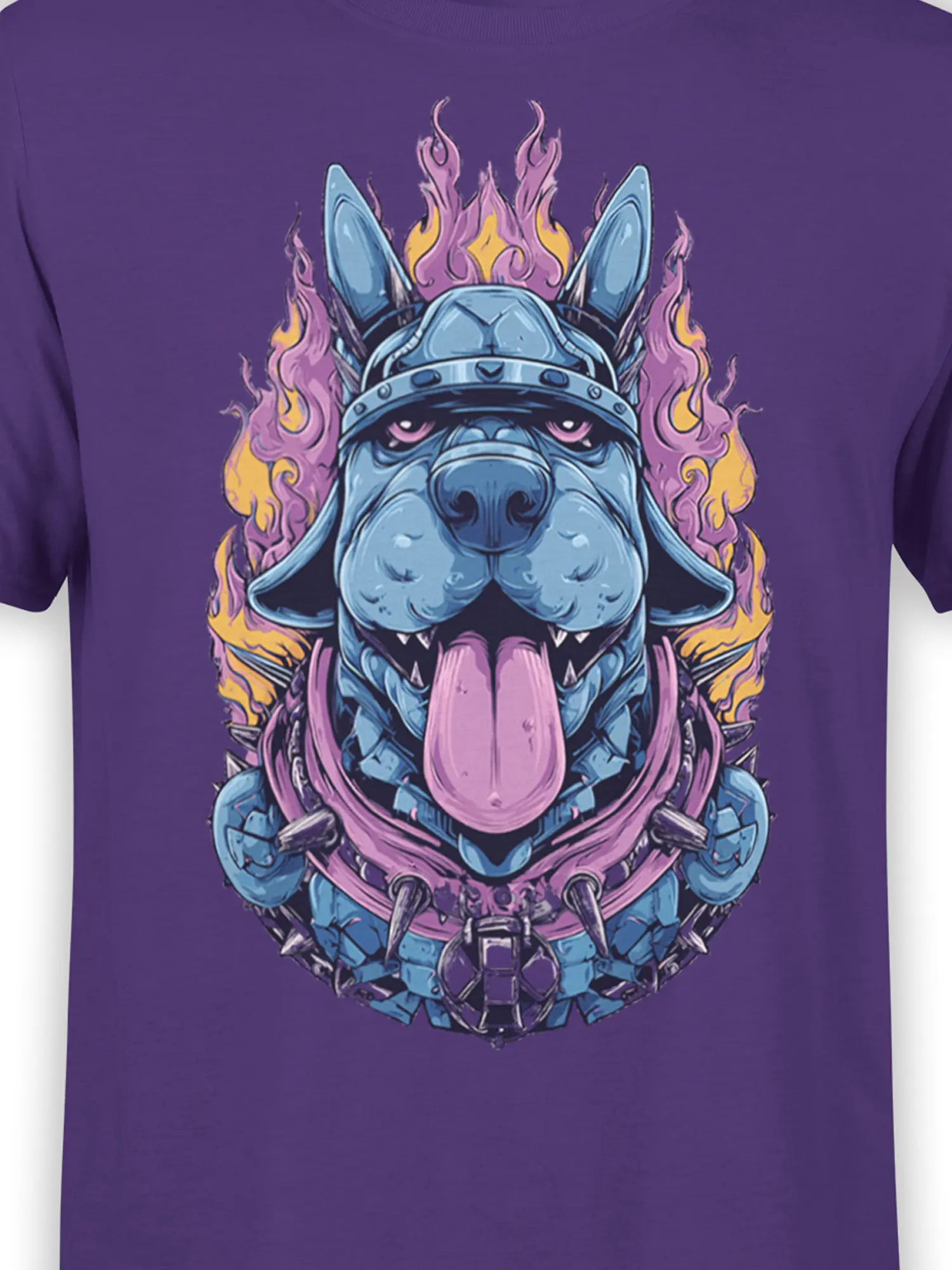 Close-up view of the Flame Guard Dog Warrior T-Shirt design