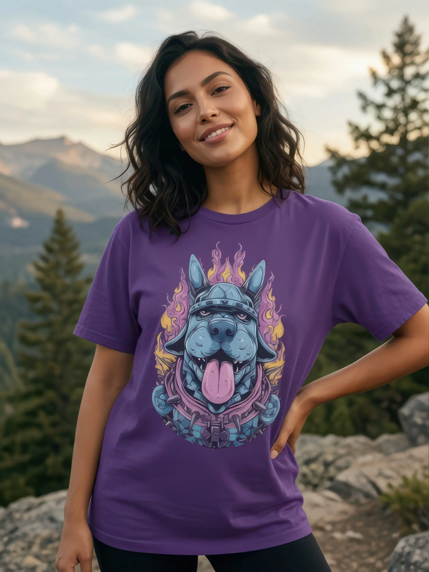 Woman wearing the Flame Guard Dog Warrior T-Shirt in a relaxed pose