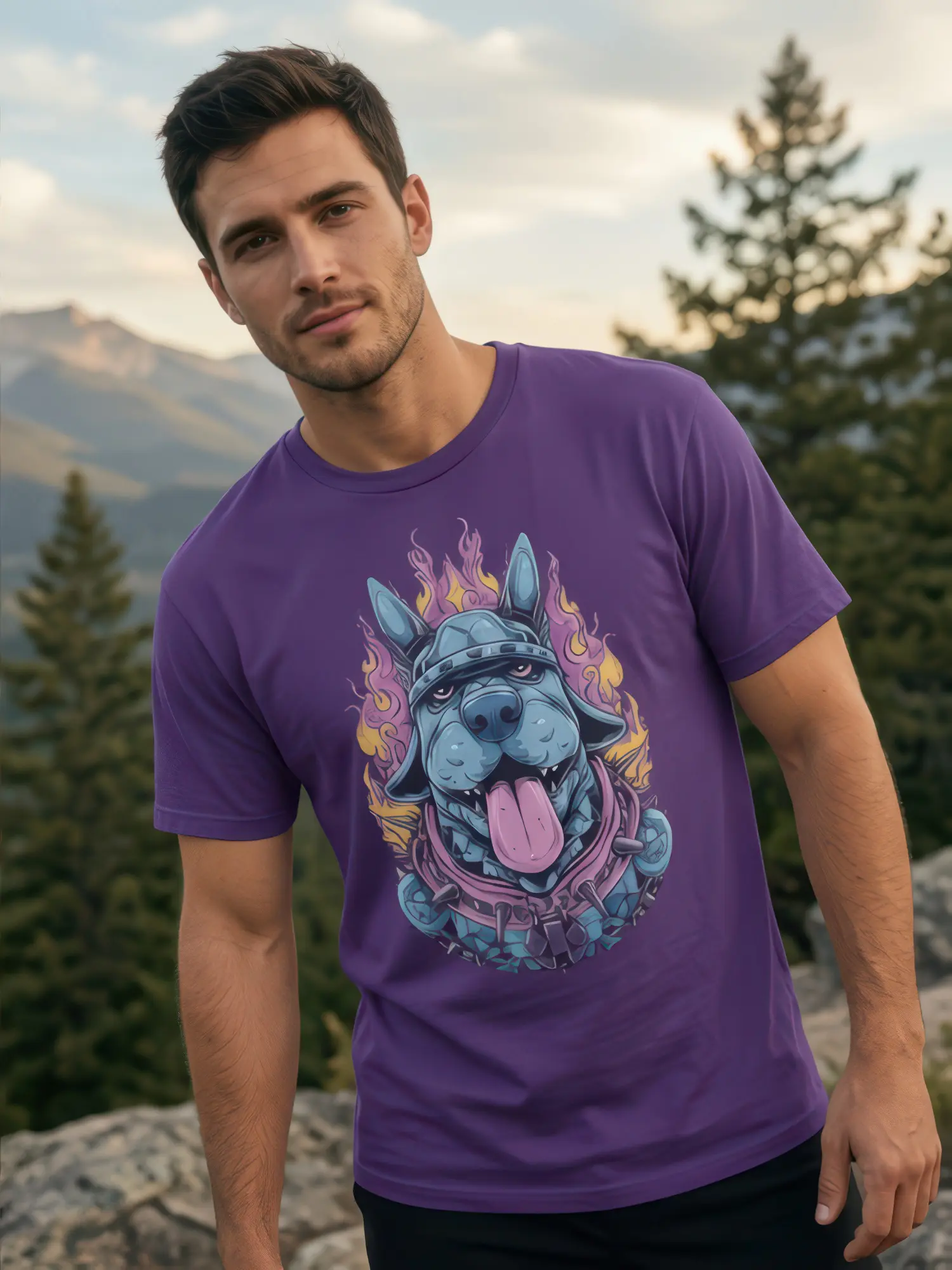Man wearing the Flame Guard Dog Warrior T-Shirt in a relaxed pose