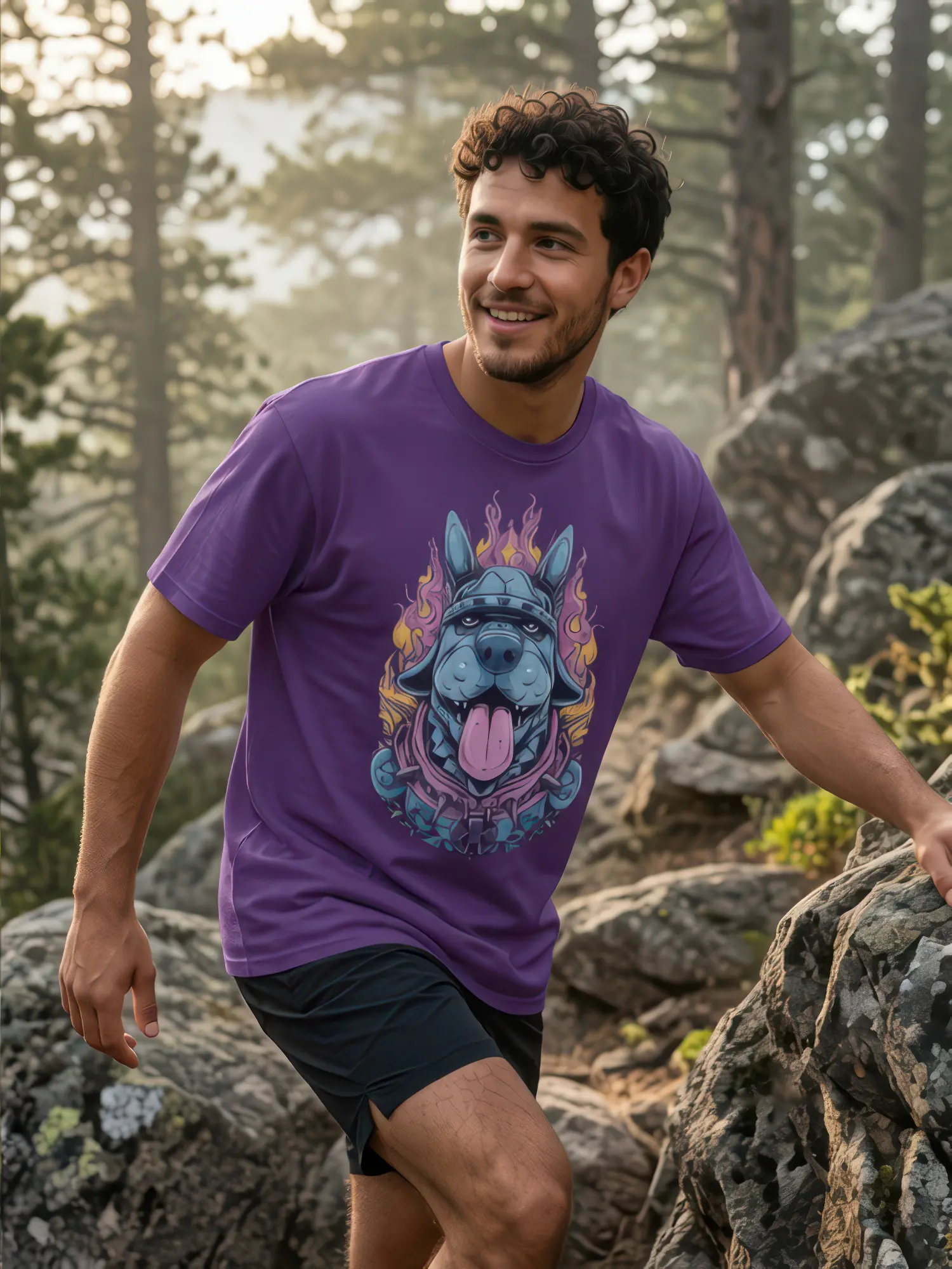 Man wearing the Flame Guard Dog Warrior T-Shirt in a dynamic pose