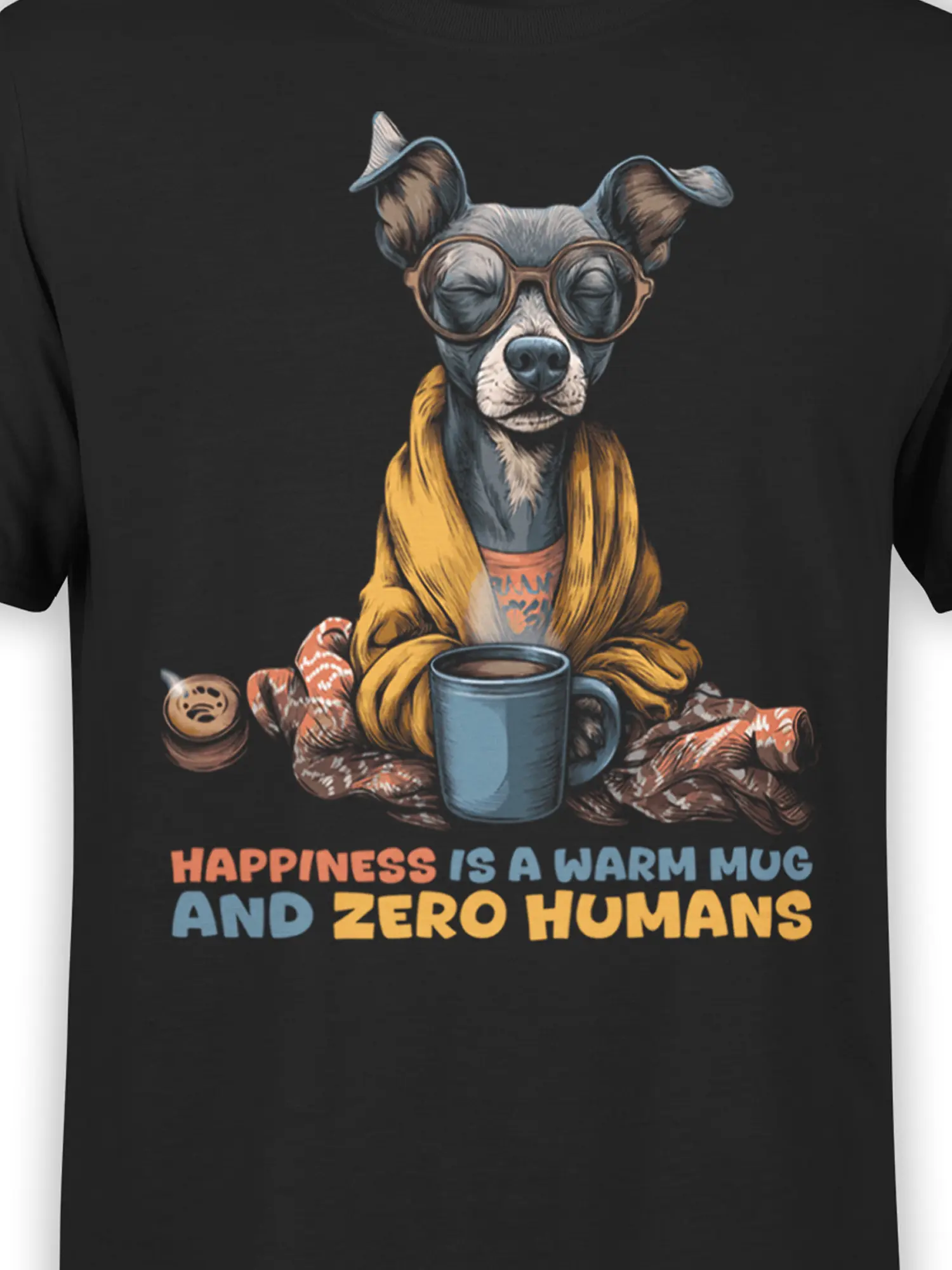 Close-up view of the Zero Humans Dog Coffee T-Shirt design