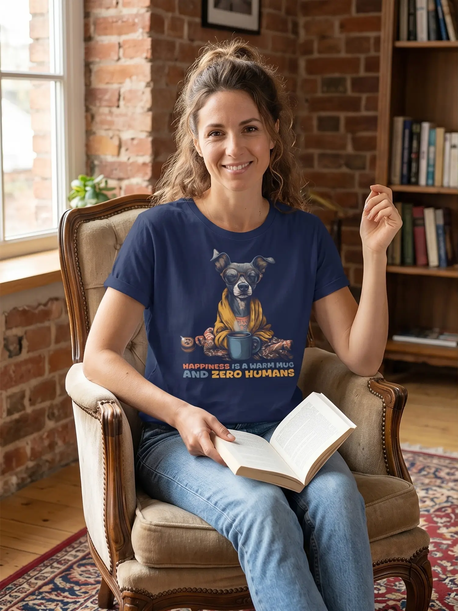 Woman wearing the Zero Humans Dog Coffee T-Shirt in a relaxed pose
