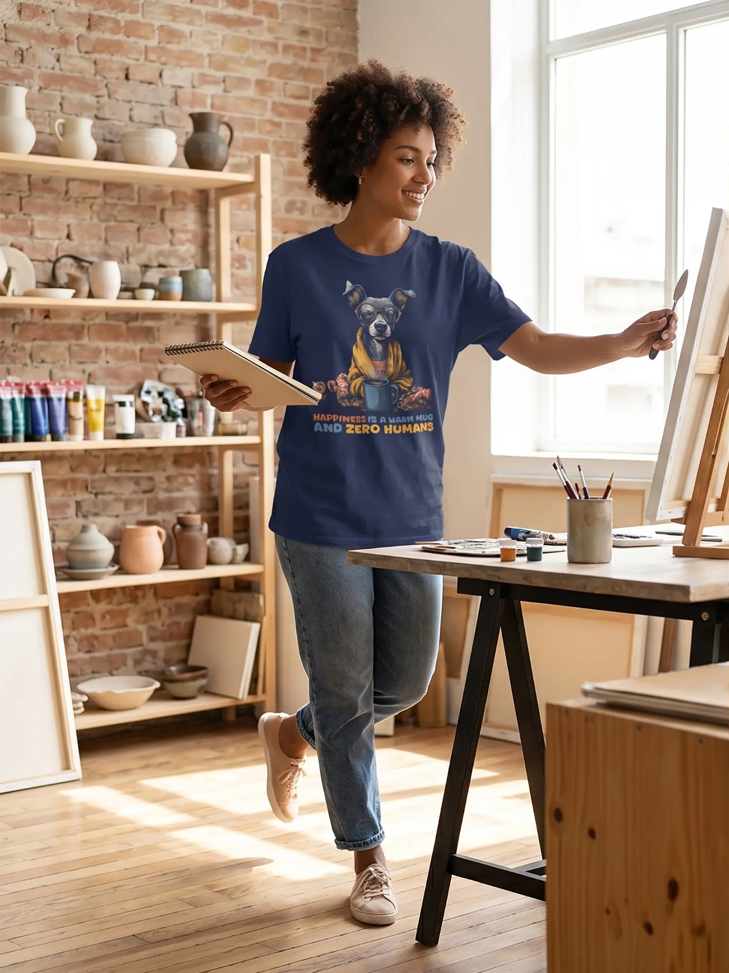 Woman wearing the Zero Humans Dog Coffee T-Shirt in a dynamic pose