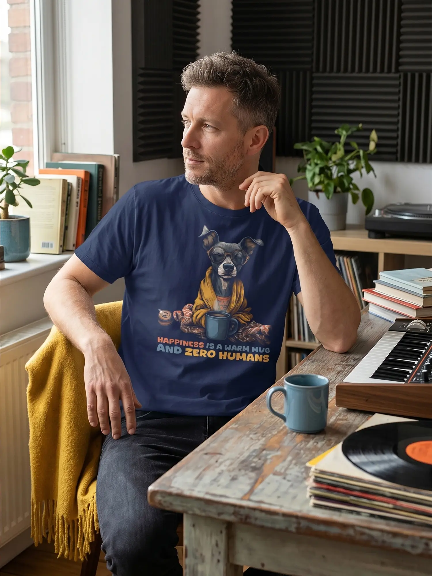 Man wearing the Zero Humans Dog Coffee T-Shirt in a relaxed pose