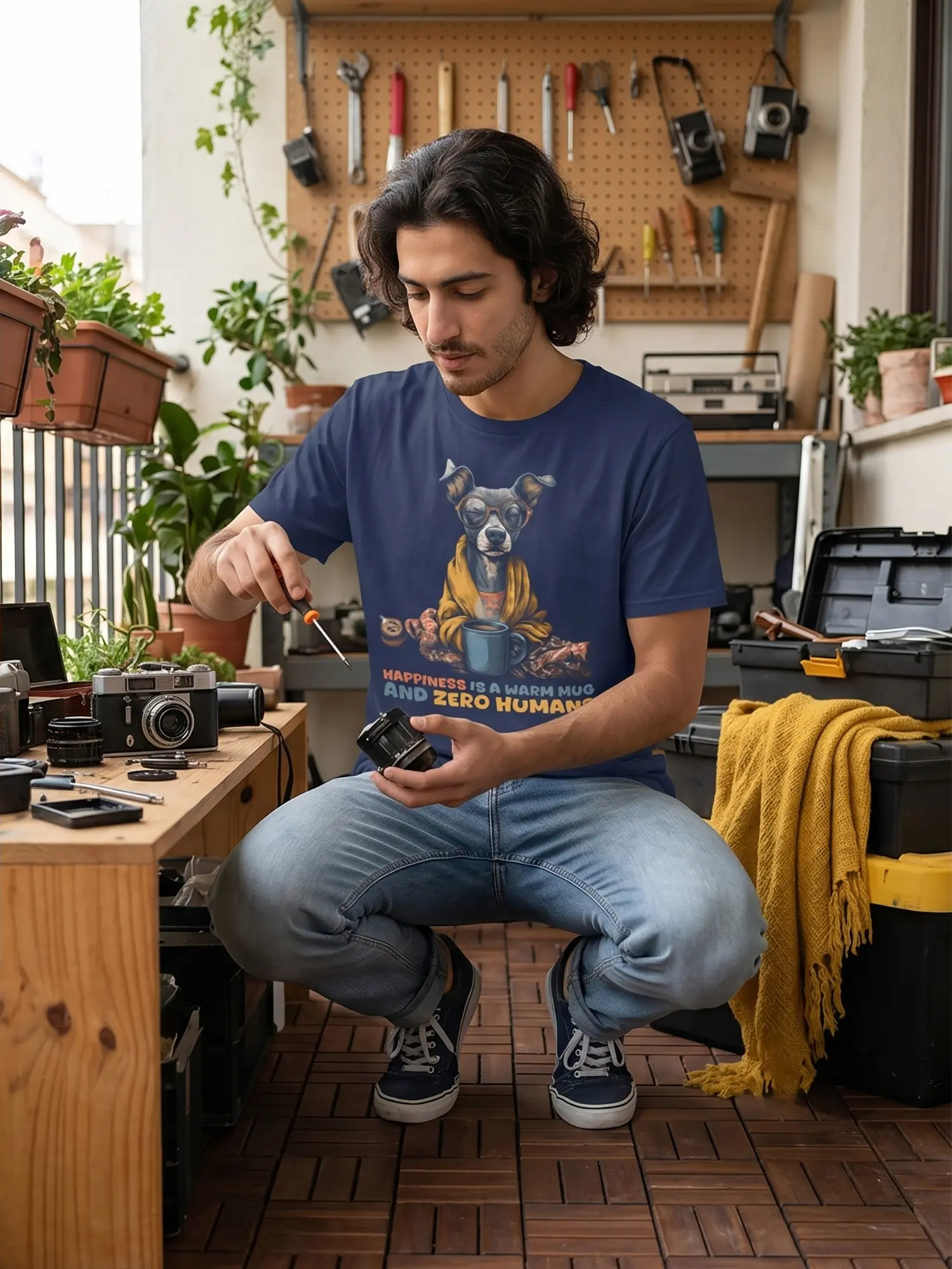 Man wearing the Zero Humans Dog Coffee T-Shirt in a dynamic pose