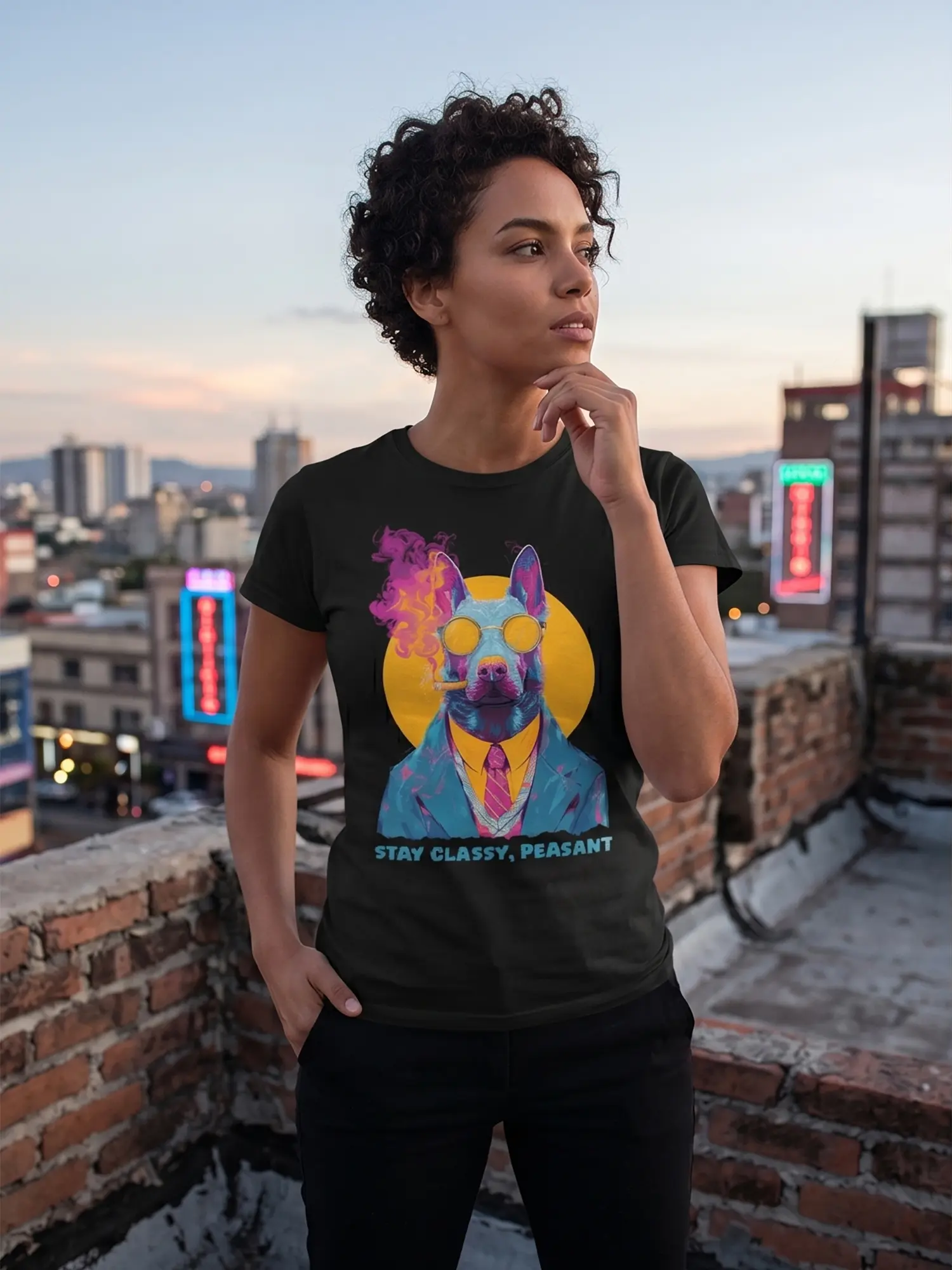 Woman wearing the Classy Peasant Dog T-Shirt in a relaxed pose