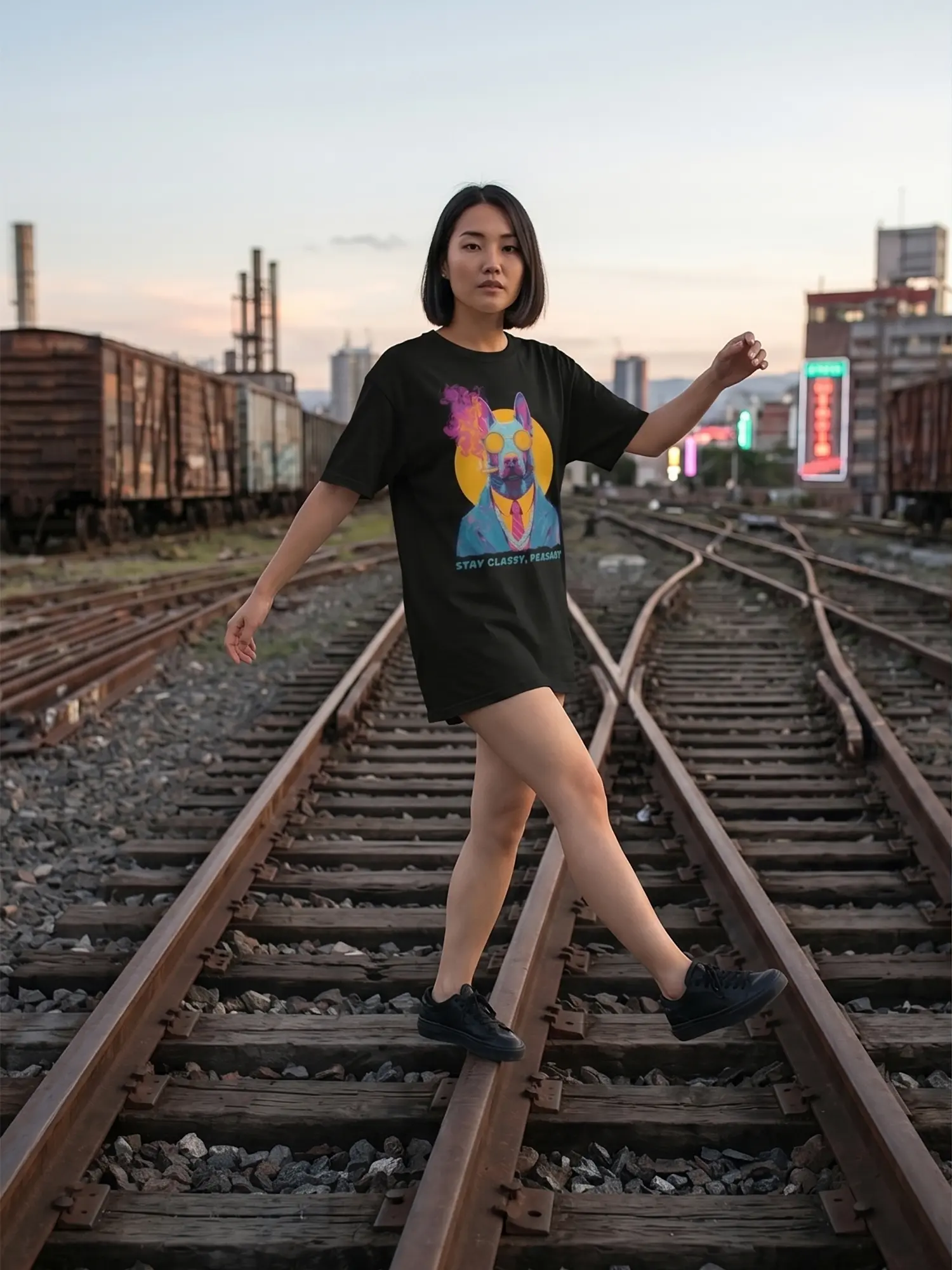 Woman wearing the Classy Peasant Dog T-Shirt in a dynamic pose