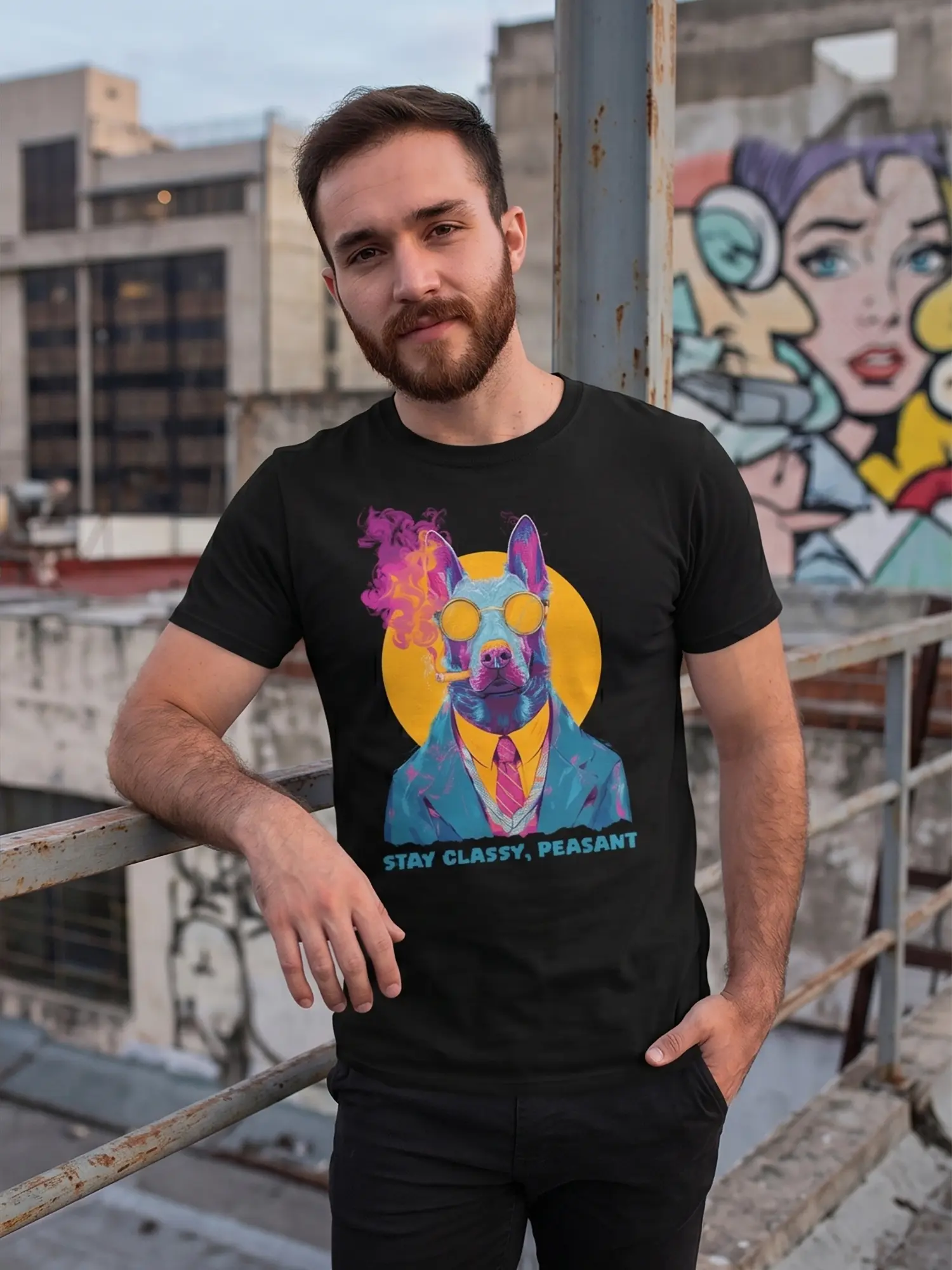 Man wearing the Classy Peasant Dog T-Shirt in a relaxed pose