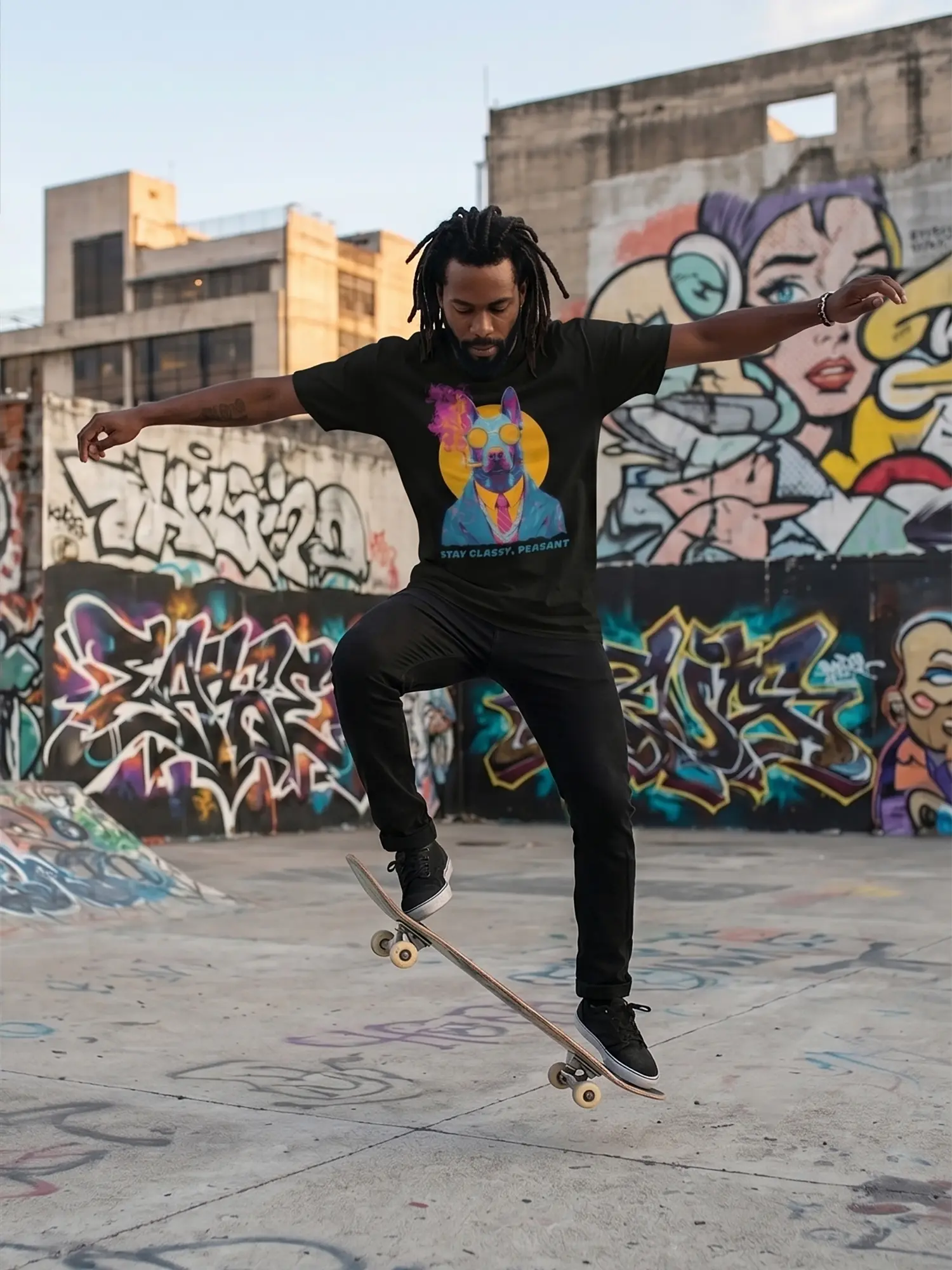 Man wearing the Classy Peasant Dog T-Shirt in a dynamic pose