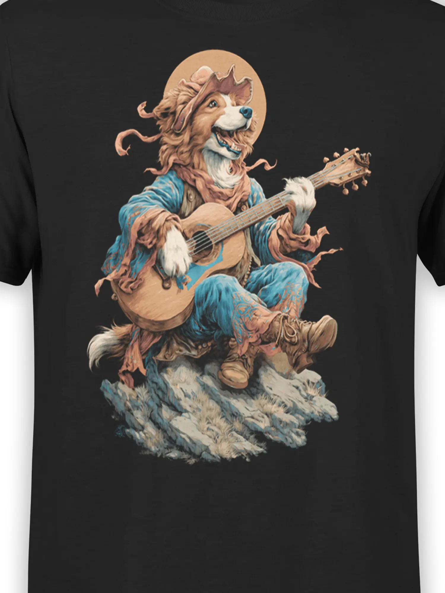 Close-up view of the Campfire Strummer Dog Music T-Shirt design