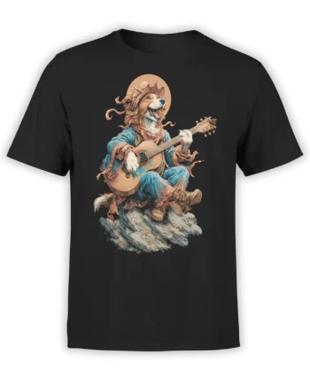 Campfire Strummer Dog Music T-Shirt front view on a white background