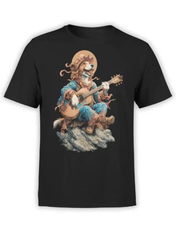 Campfire Strummer Dog Music T-Shirt front view on a white background