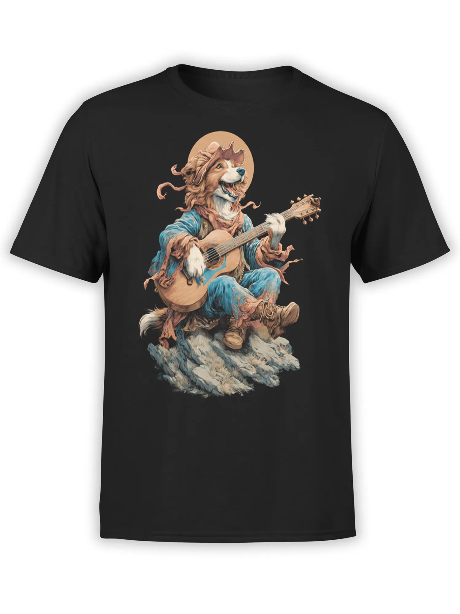Campfire Strummer Dog Music T-Shirt front view on a white background