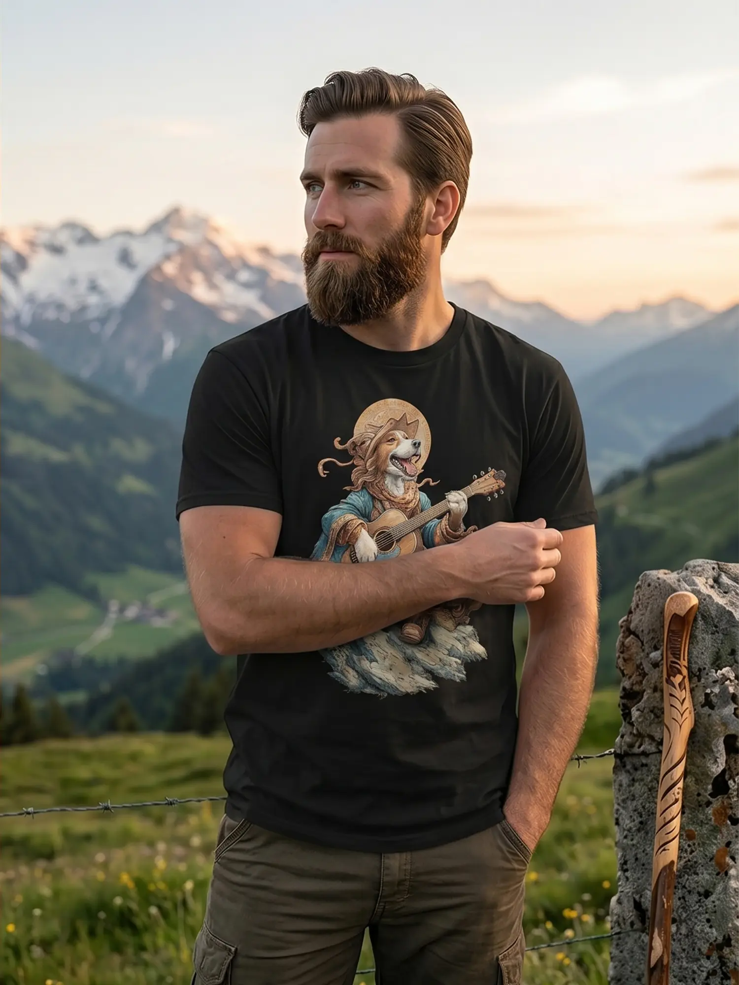 Man wearing the Campfire Strummer Dog Music T-Shirt in a relaxed pose