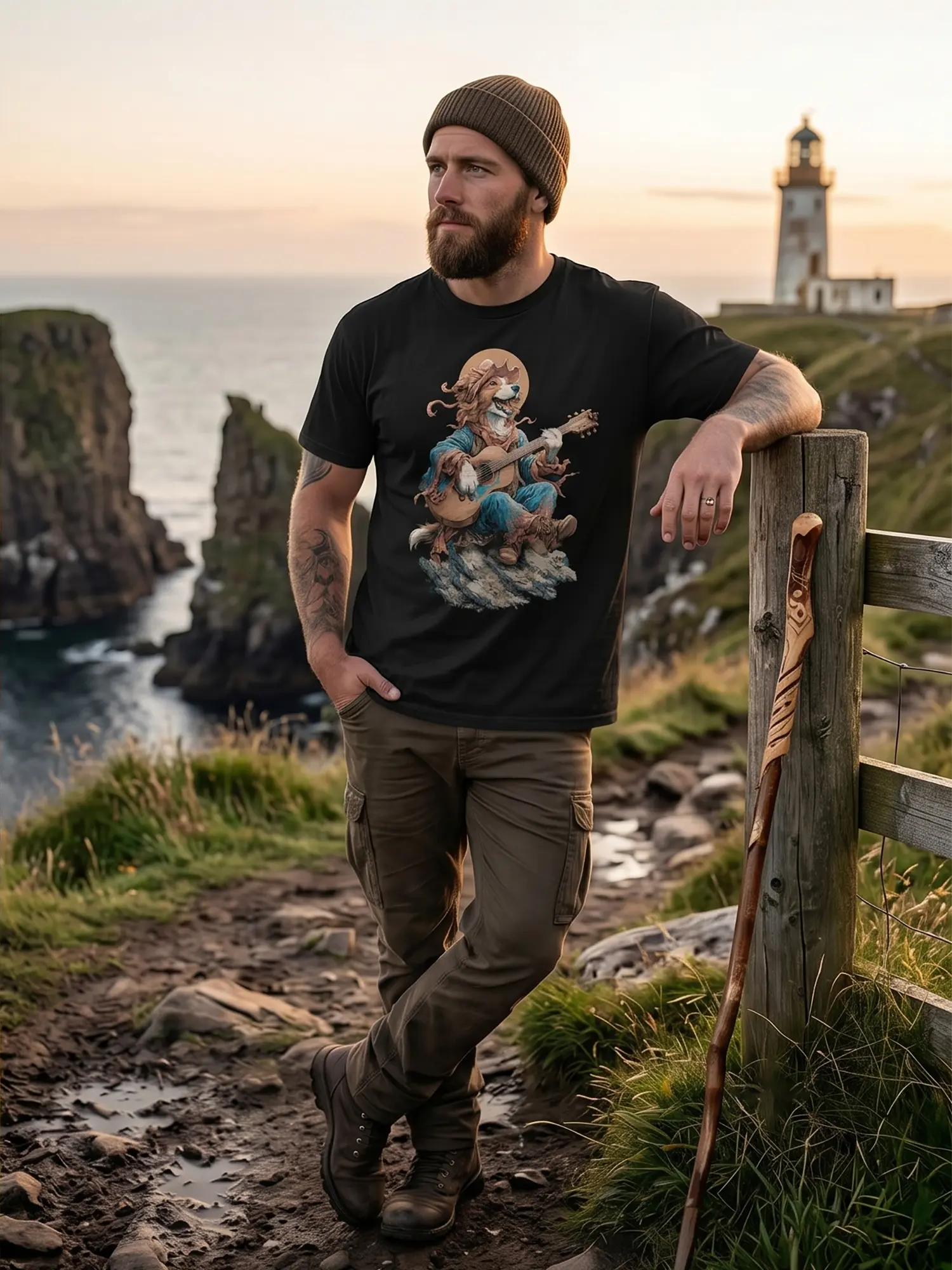 Man wearing the Campfire Strummer Dog Music T-Shirt in a closer lifestyle shot
