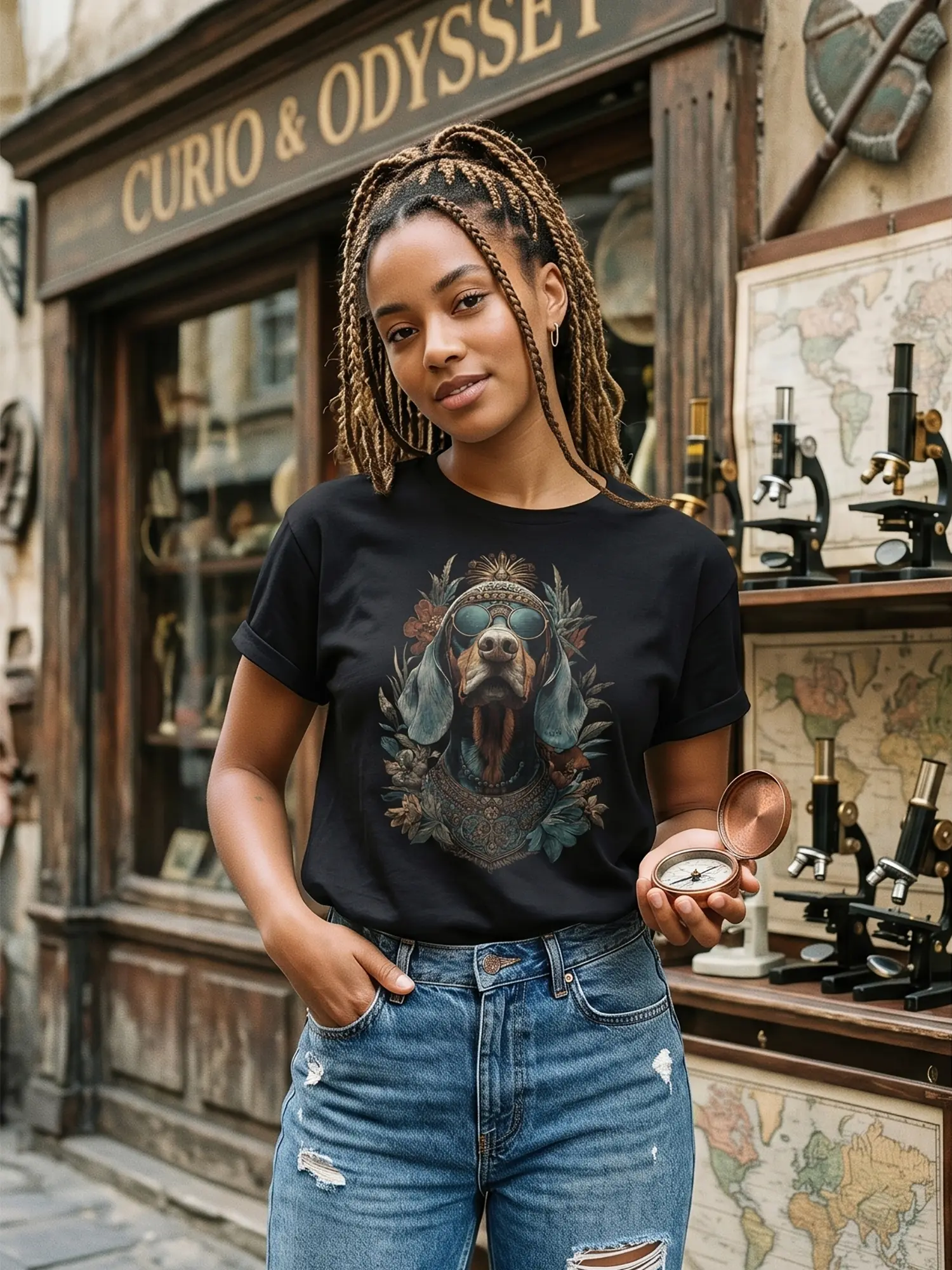 Woman wearing the Regal Hound Dog T-Shirt in a relaxed pose