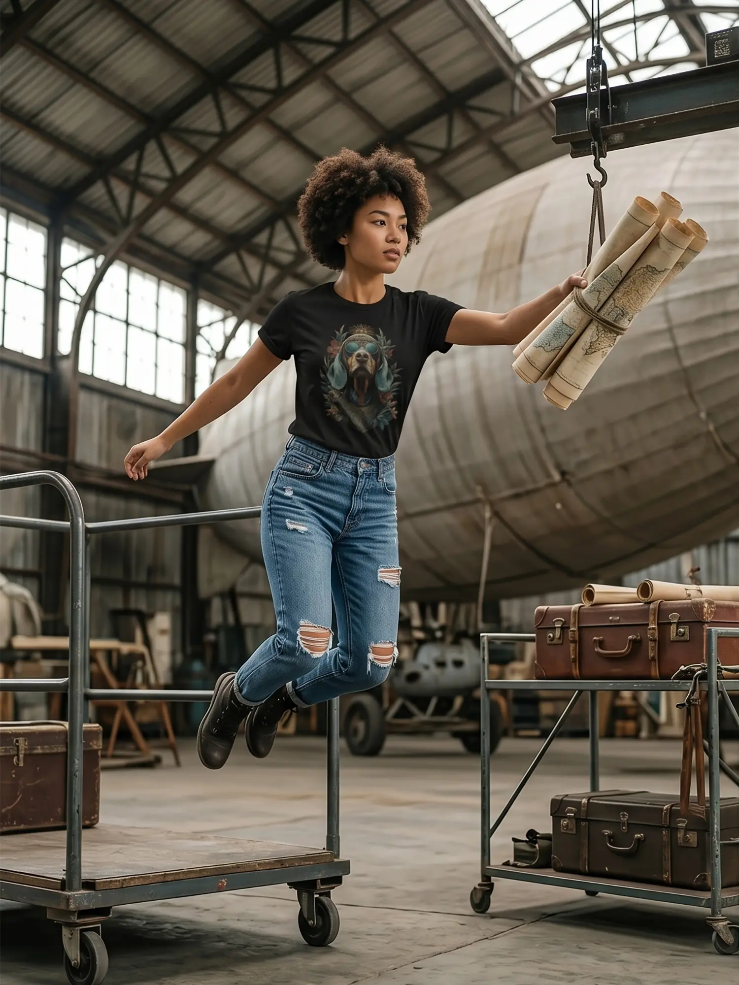 Woman wearing the Regal Hound Dog T-Shirt in a dynamic pose