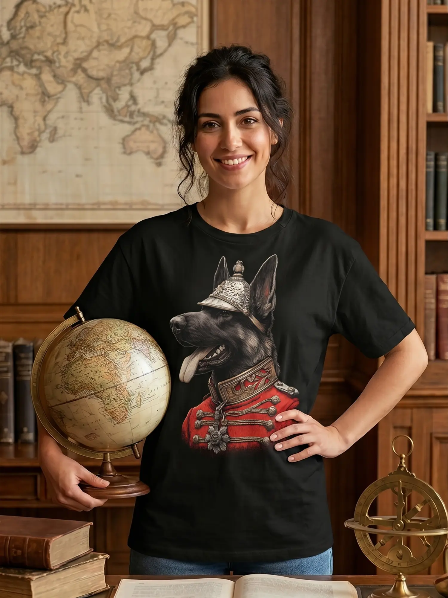 Woman wearing the Imperial Shepherd Dog T-Shirt in a relaxed pose