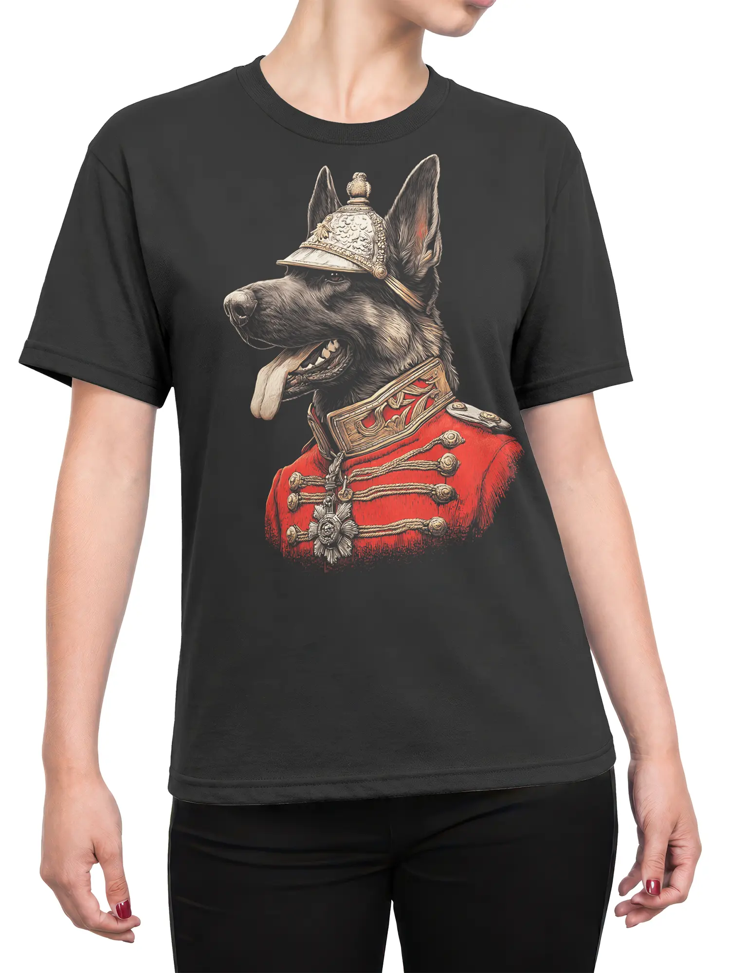 Woman wearing the Imperial Shepherd Dog T-Shirt in a dynamic pose