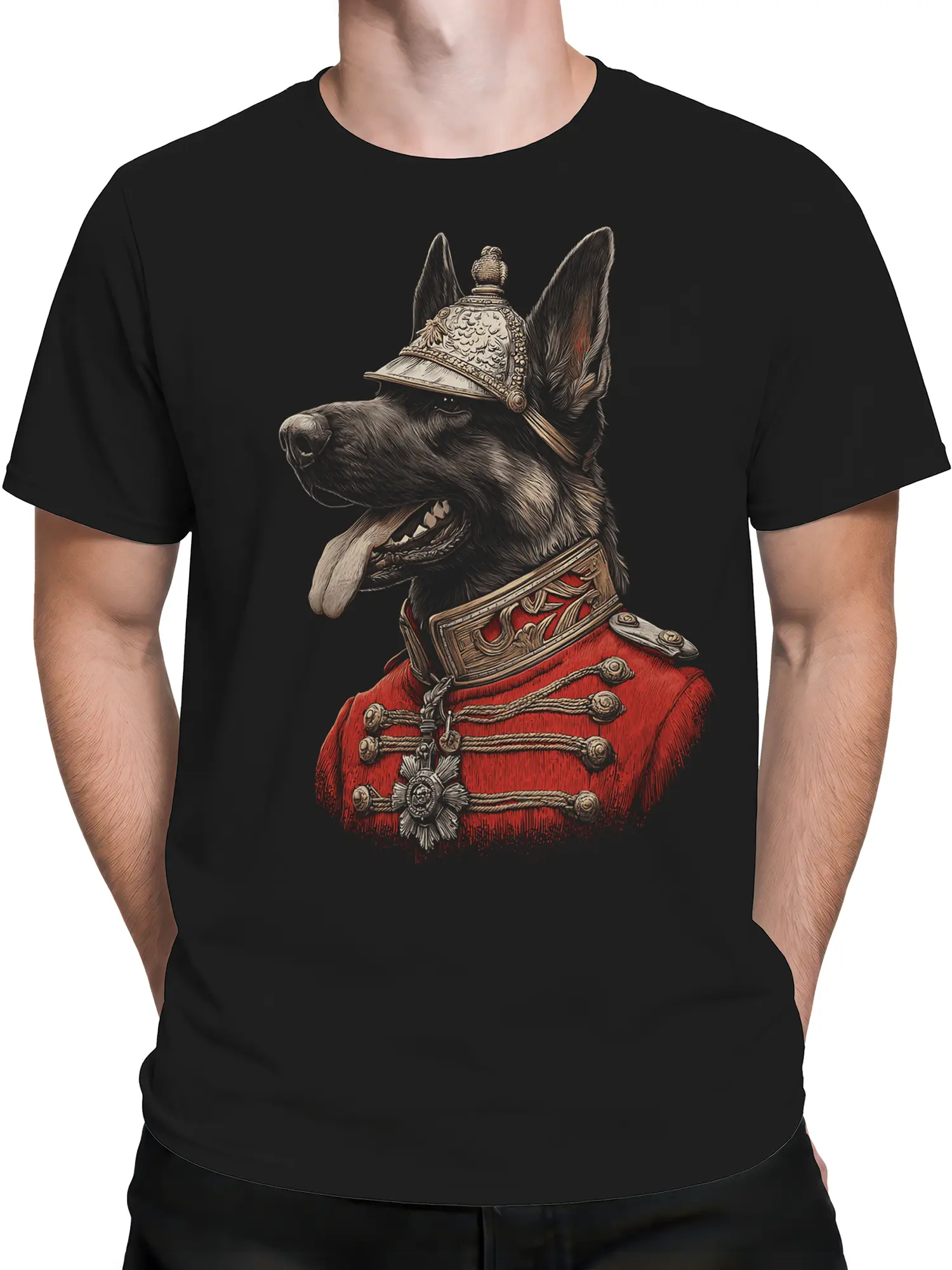 Man wearing the Imperial Shepherd Dog T-Shirt in a dynamic pose