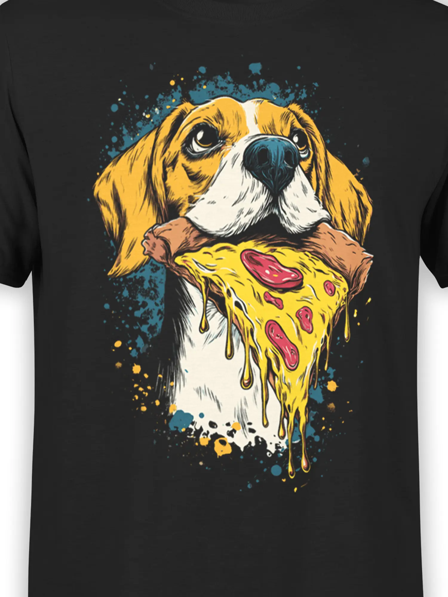 Close-up view of the beagle eating a pizza slice design on the Pizza Hound Dog T-Shirt