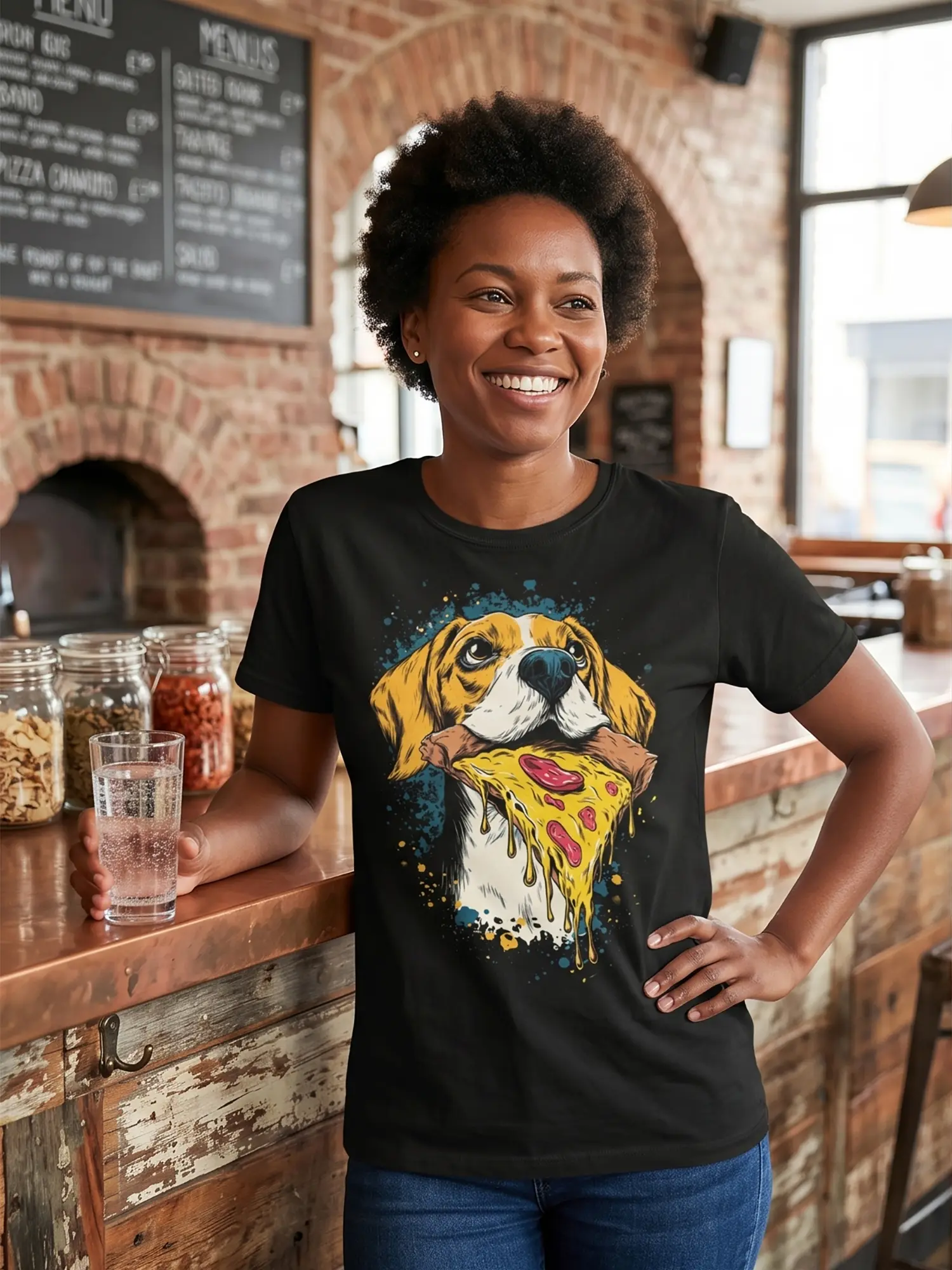 Woman wearing the Pizza Hound Dog T-Shirt in a relaxed pose in a cafe
