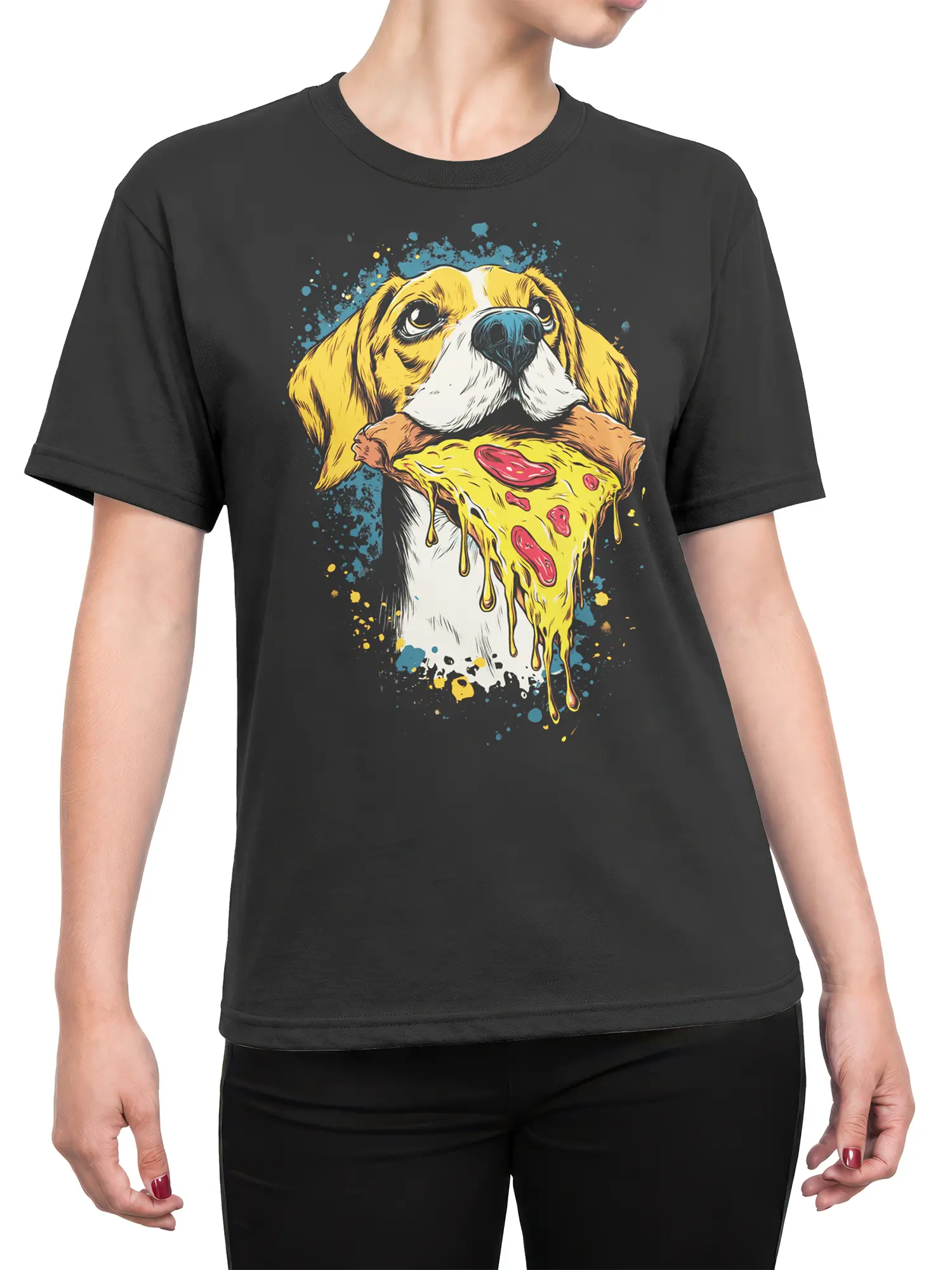 Female torso wearing the Pizza Hound Dog T-Shirt on a white background