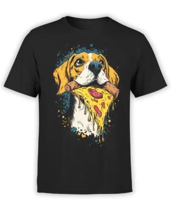 Pizza Hound Dog T-Shirt with a beagle eating a pizza slice front view on a white background