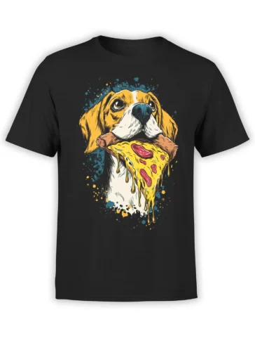 Pizza Hound Dog T-Shirt with a beagle eating a pizza slice front view on a white background