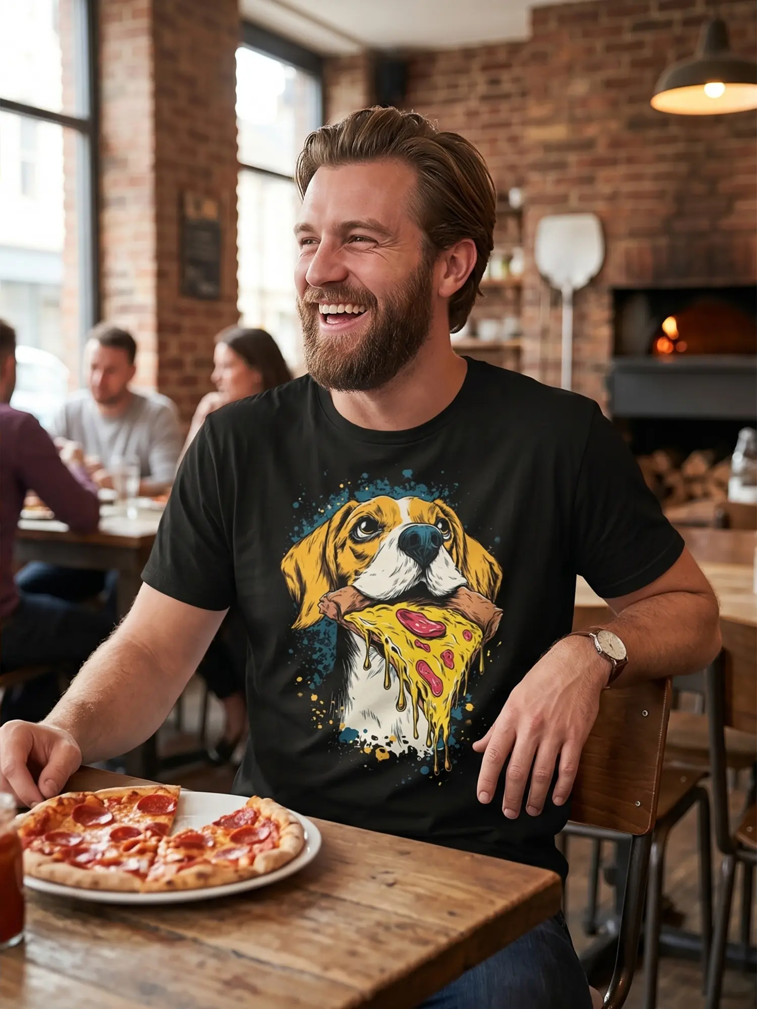 Man wearing the Pizza Hound Dog T-Shirt eating pizza in a pizzeria
