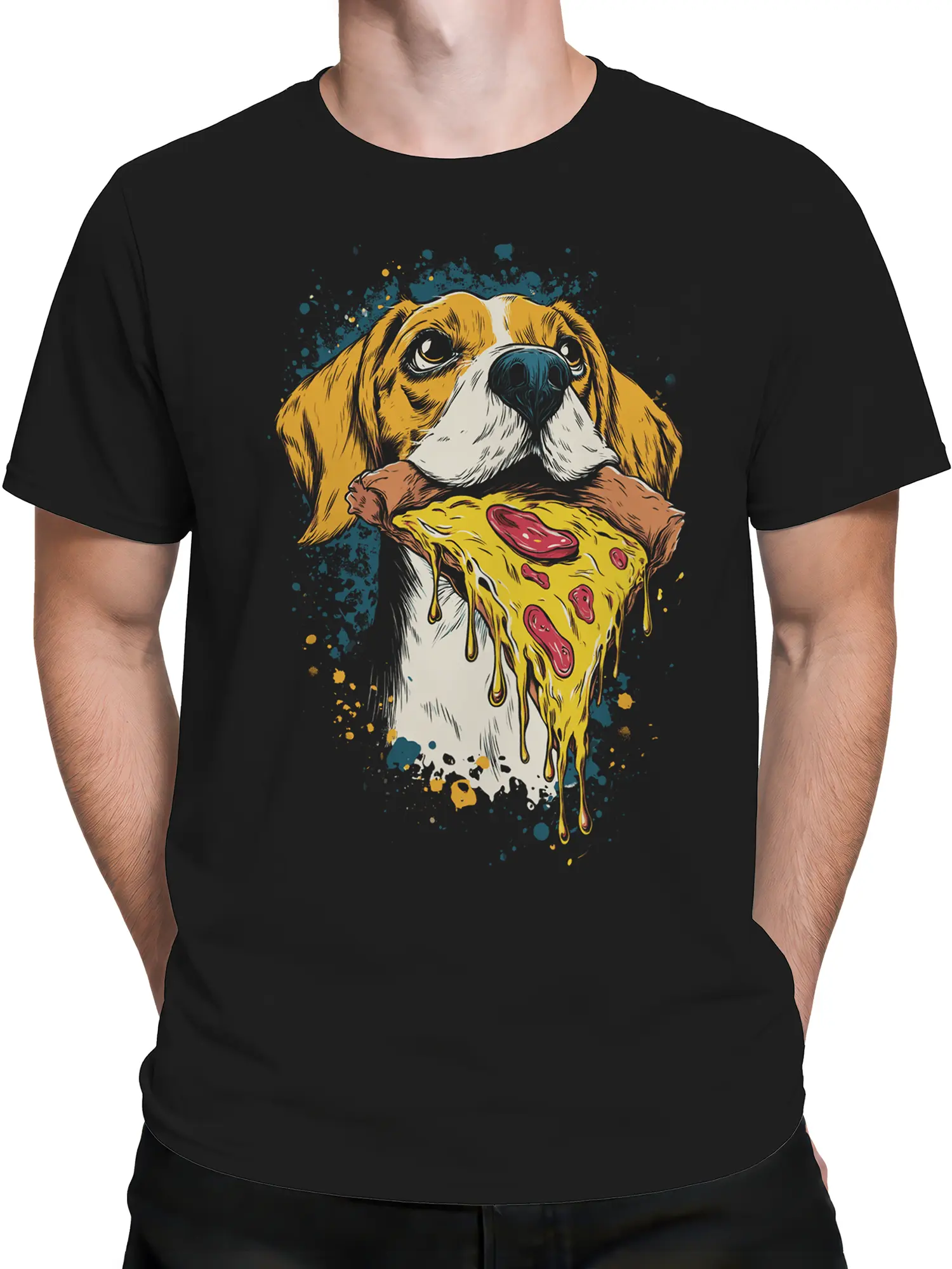 Male torso wearing the Pizza Hound Dog T-Shirt on a white background