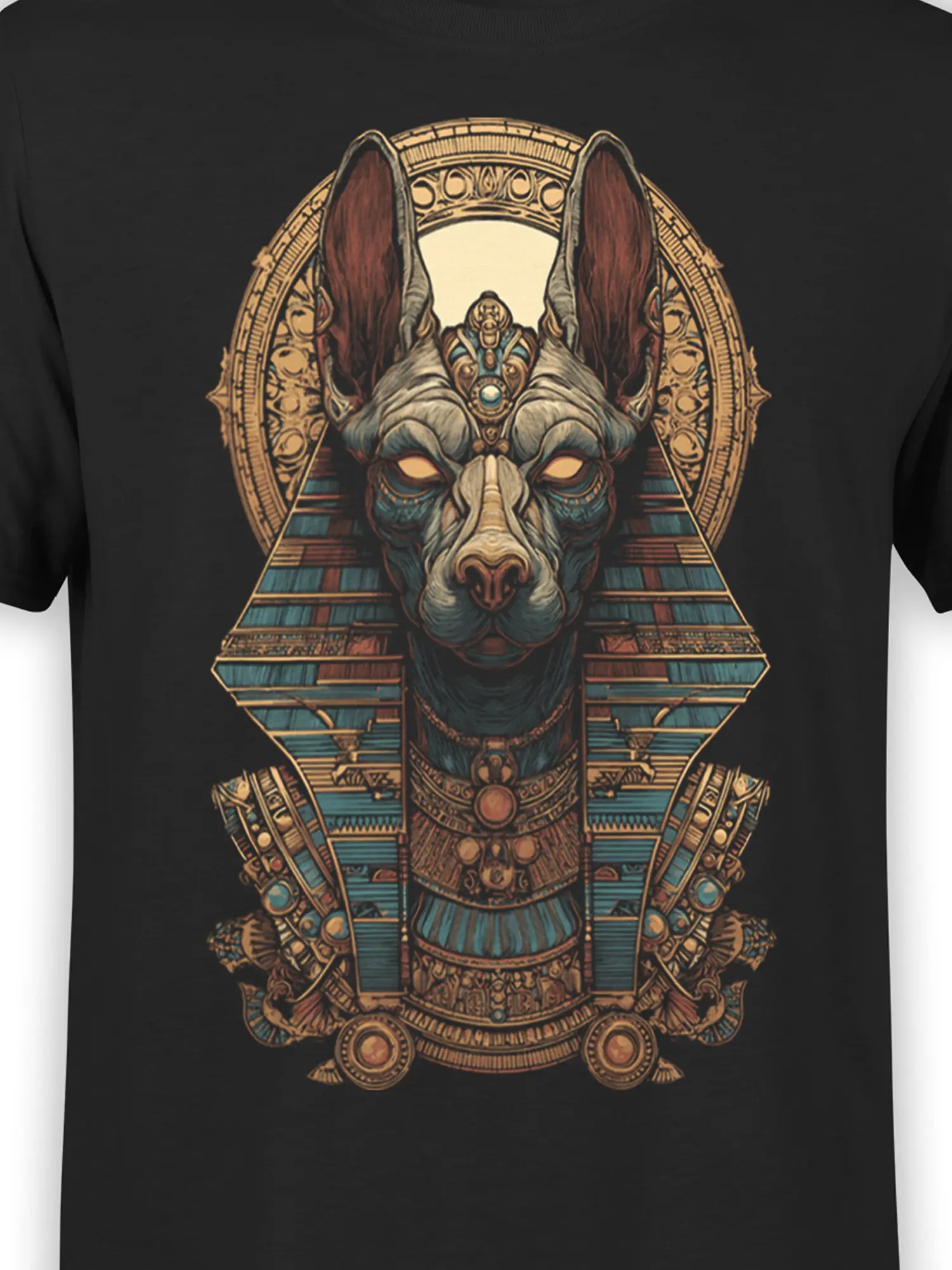 Close-up view of the Anubis Pharaoh Dog T-Shirt design