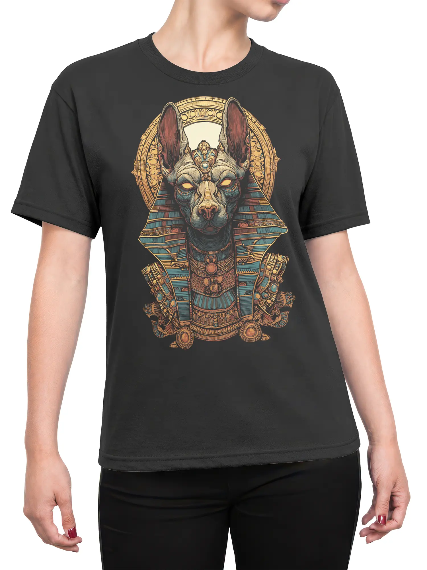Female torso wearing the Anubis Pharaoh Dog T-Shirt on a white background