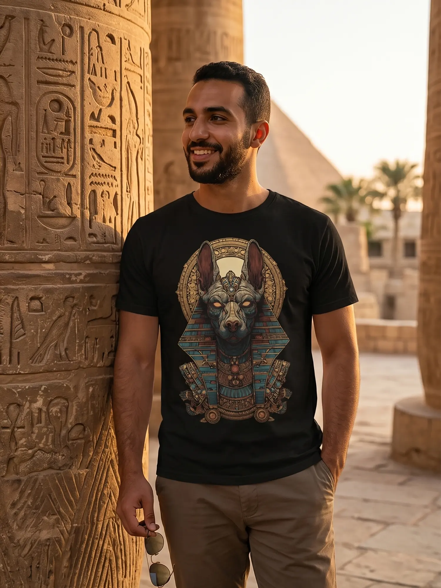 Man wearing the Anubis Pharaoh Dog T-Shirt in a relaxed pose near pyramids