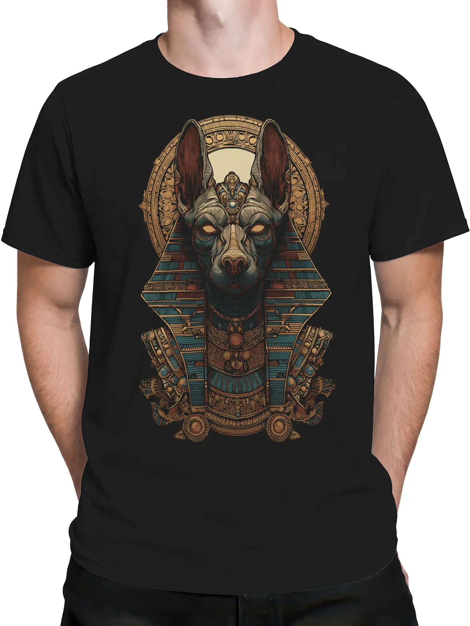 Male torso wearing the Anubis Pharaoh Dog T-Shirt on a white background