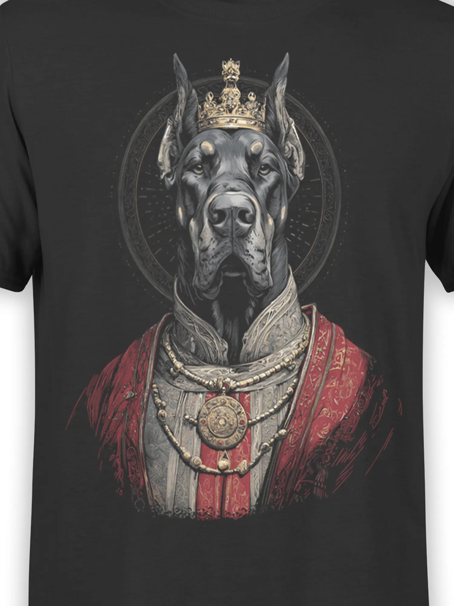 Close-up of the Great Dane king artwork with intricate crown, medallions, and patterned red robe on black fabric
