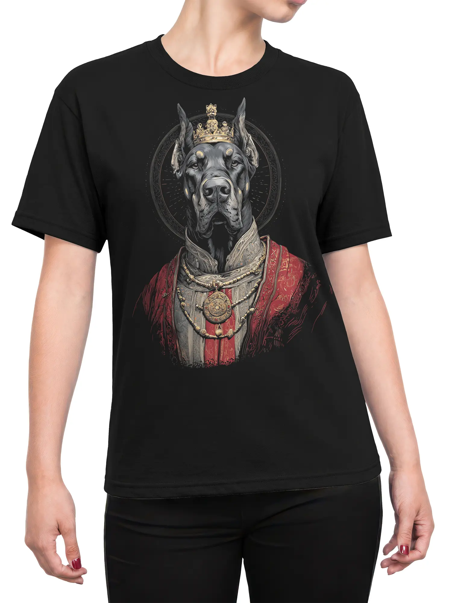 Woman wearing the black Great Dane king shirt, showing the full royal dog portrait centered on the chest