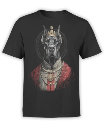 Black unisex t-shirt featuring a regal Great Dane king portrait with gold crown and red royal robe in ornate baroque style