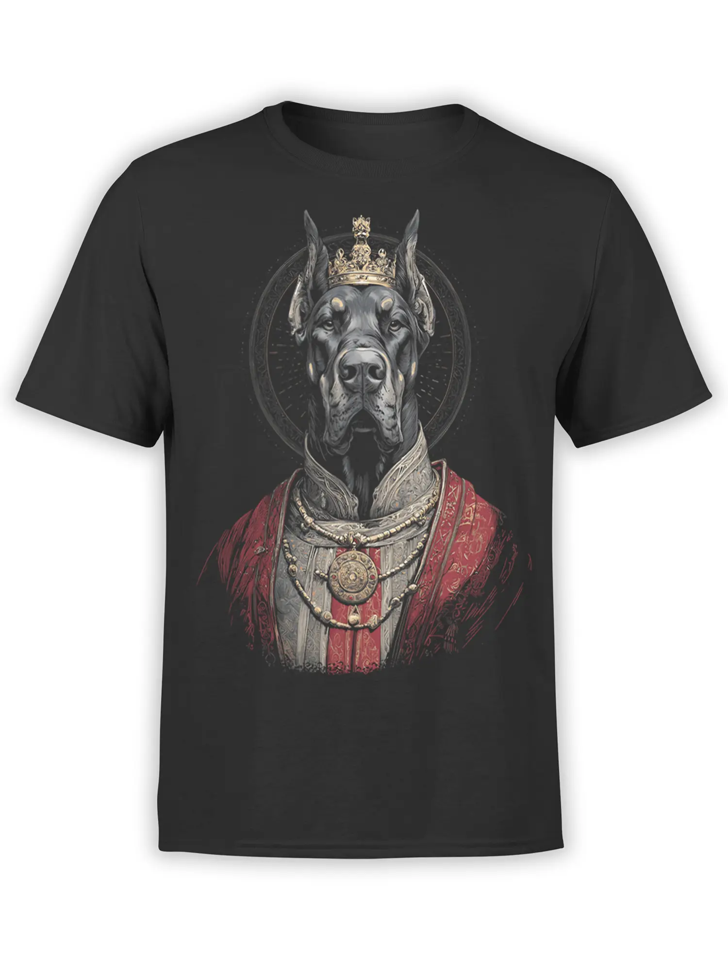 Black unisex t-shirt featuring a regal Great Dane king portrait with gold crown and red royal robe in ornate baroque style