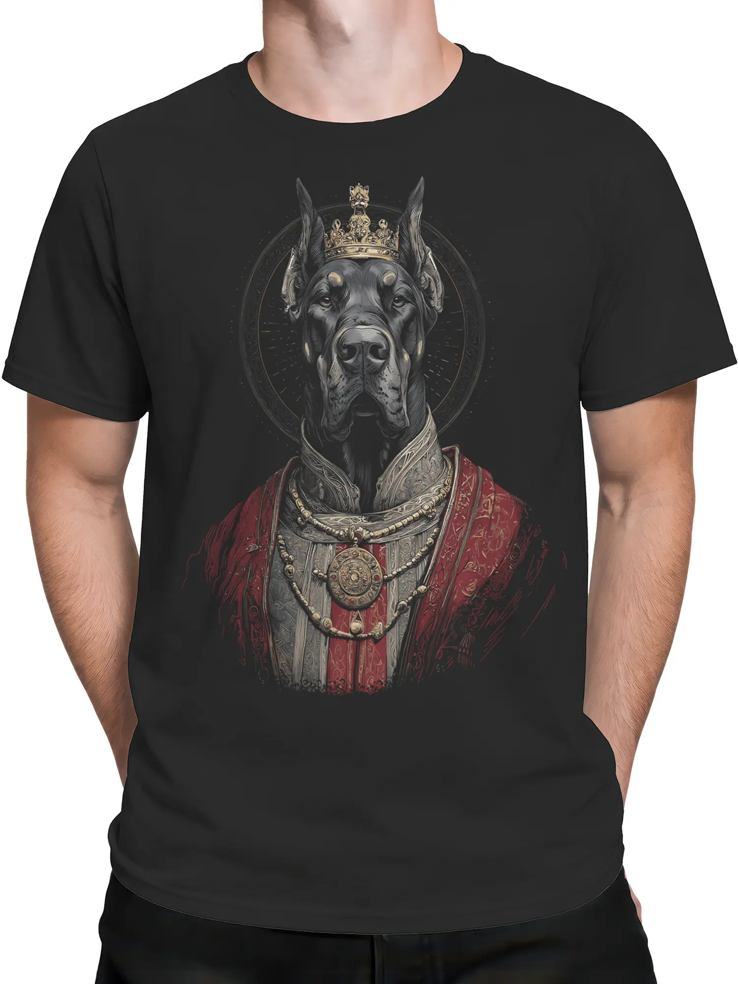 Man wearing the black Great Dane king shirt with the royal dog portrait clearly visible on the front