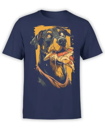 Navy unisex t-shirt with a bold illustration of a black and tan dog holding a pepperoni pizza slice against a warm yellow frame