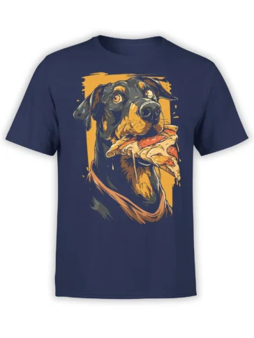 Navy unisex t-shirt with a bold illustration of a black and tan dog holding a pepperoni pizza slice against a warm yellow frame